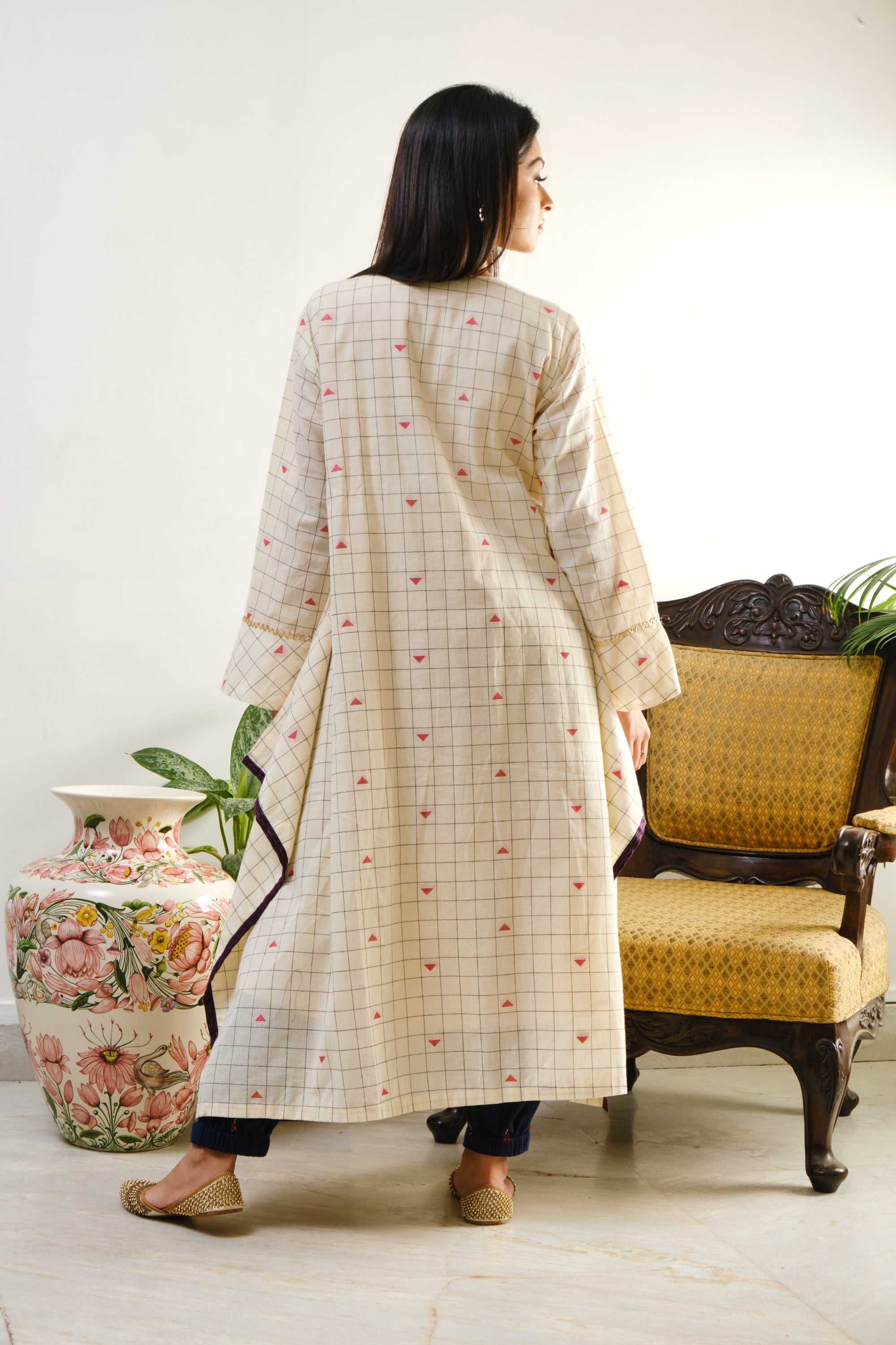 Off-white checked tunic with mirror-thread geometric embroidery on one side