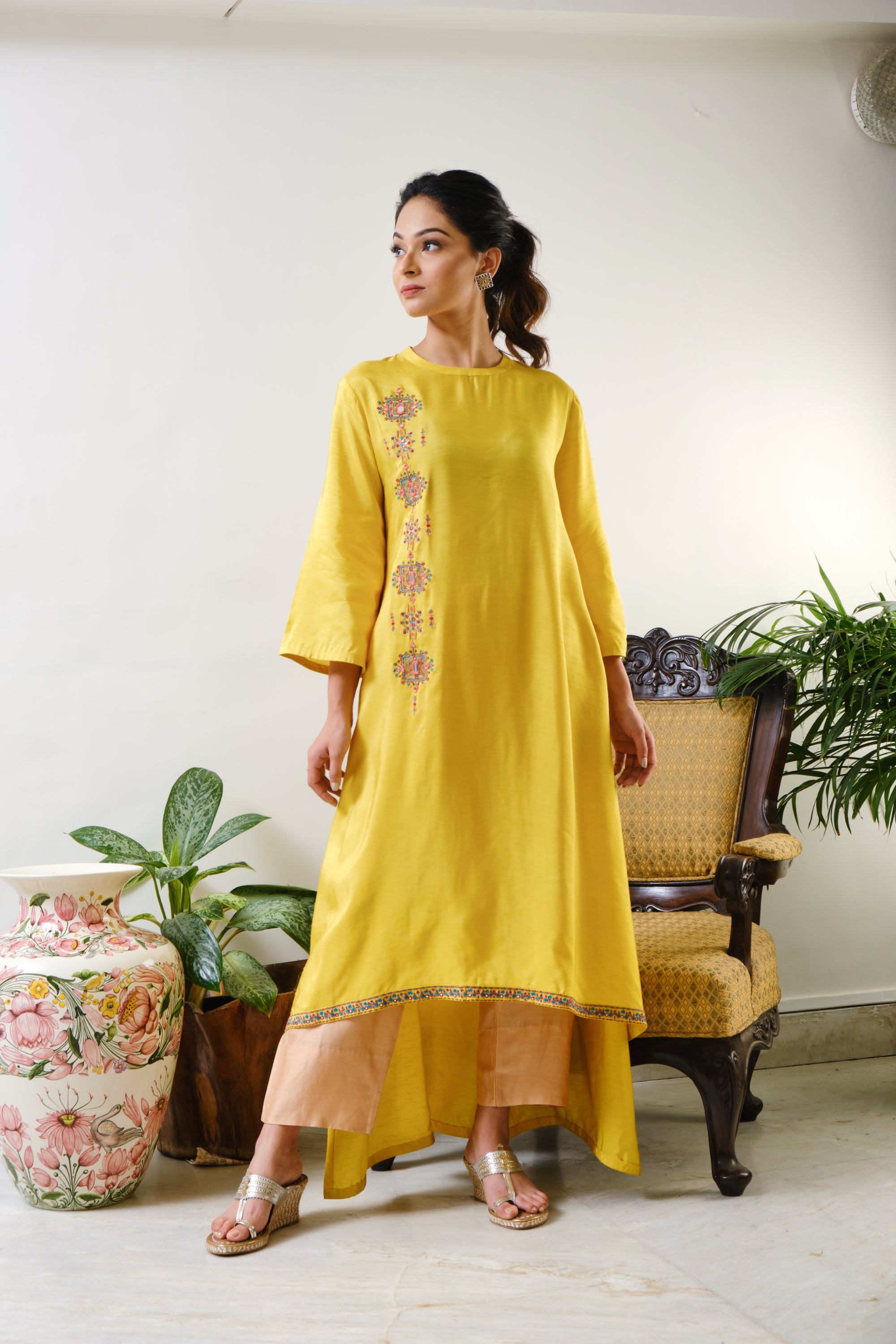 Yellow High-low embroidered Tunic with geometric embroidery in combination of mirror & thread