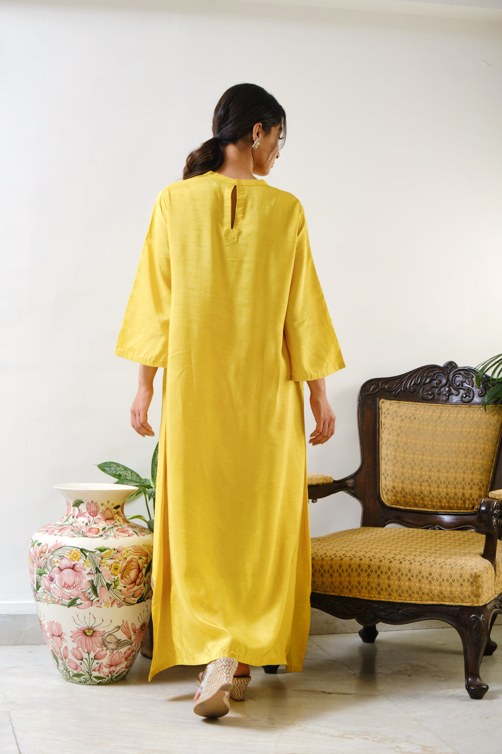 Yellow High-low embroidered Tunic with geometric embroidery in combination of mirror & thread