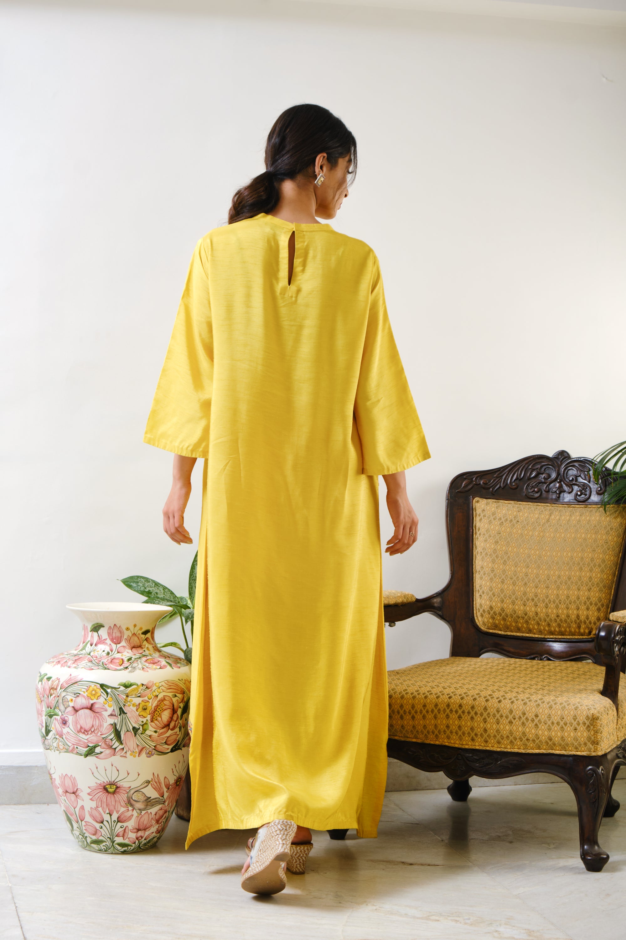 Yellow High-low embroidered Tunic with geometric embroidery in combination of mirror & thread