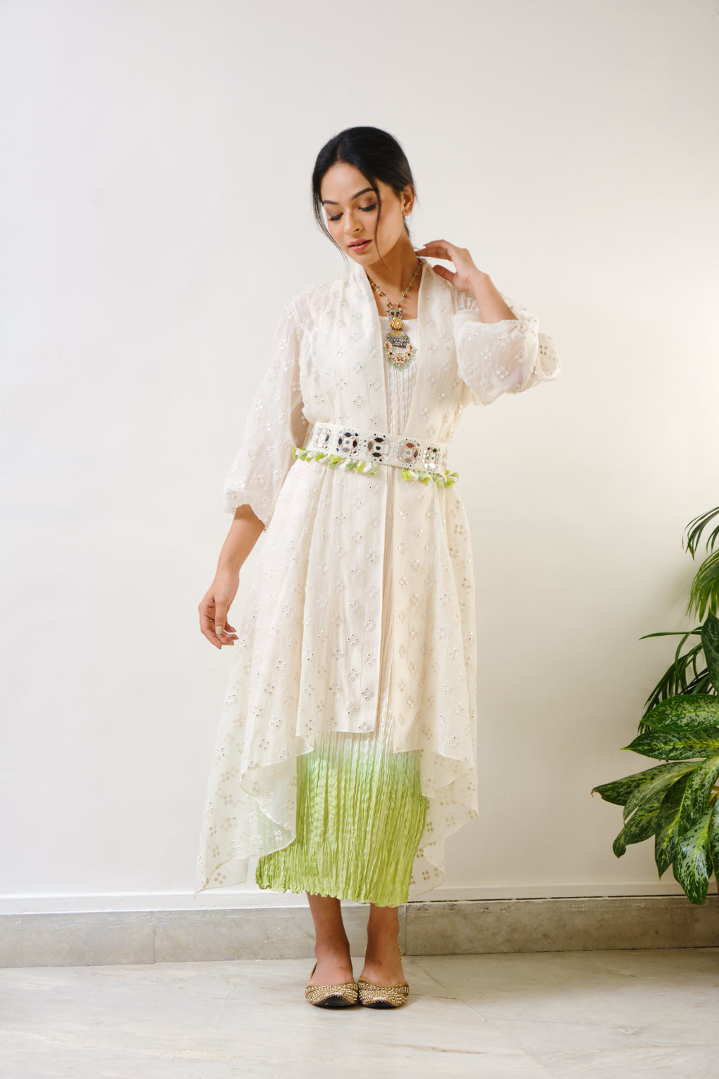 Off-white embroidered high-low cape with off-white-green ombre crush inner