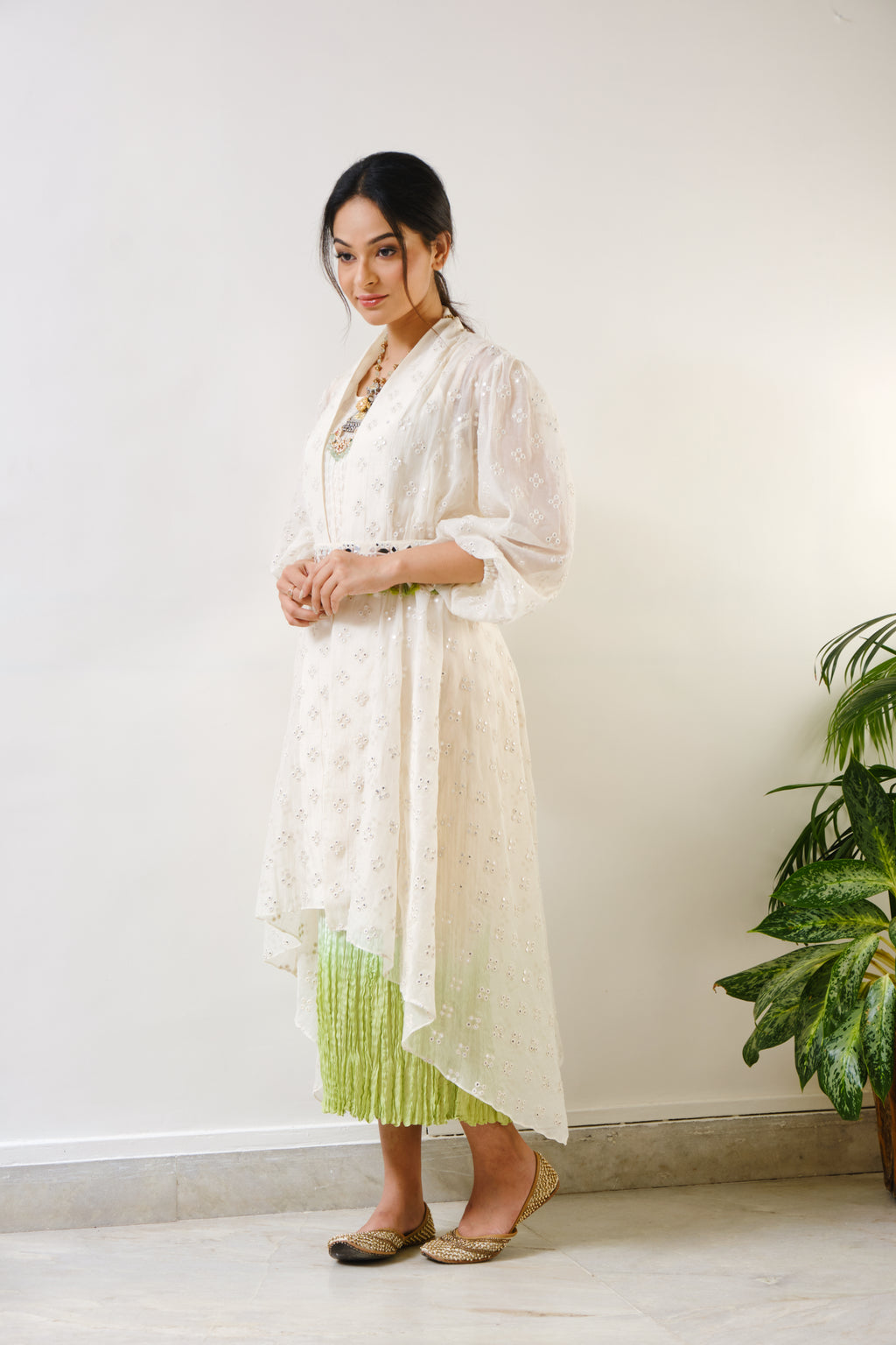 Off-white embroidered high-low cape with off-white-green ombre crush inner