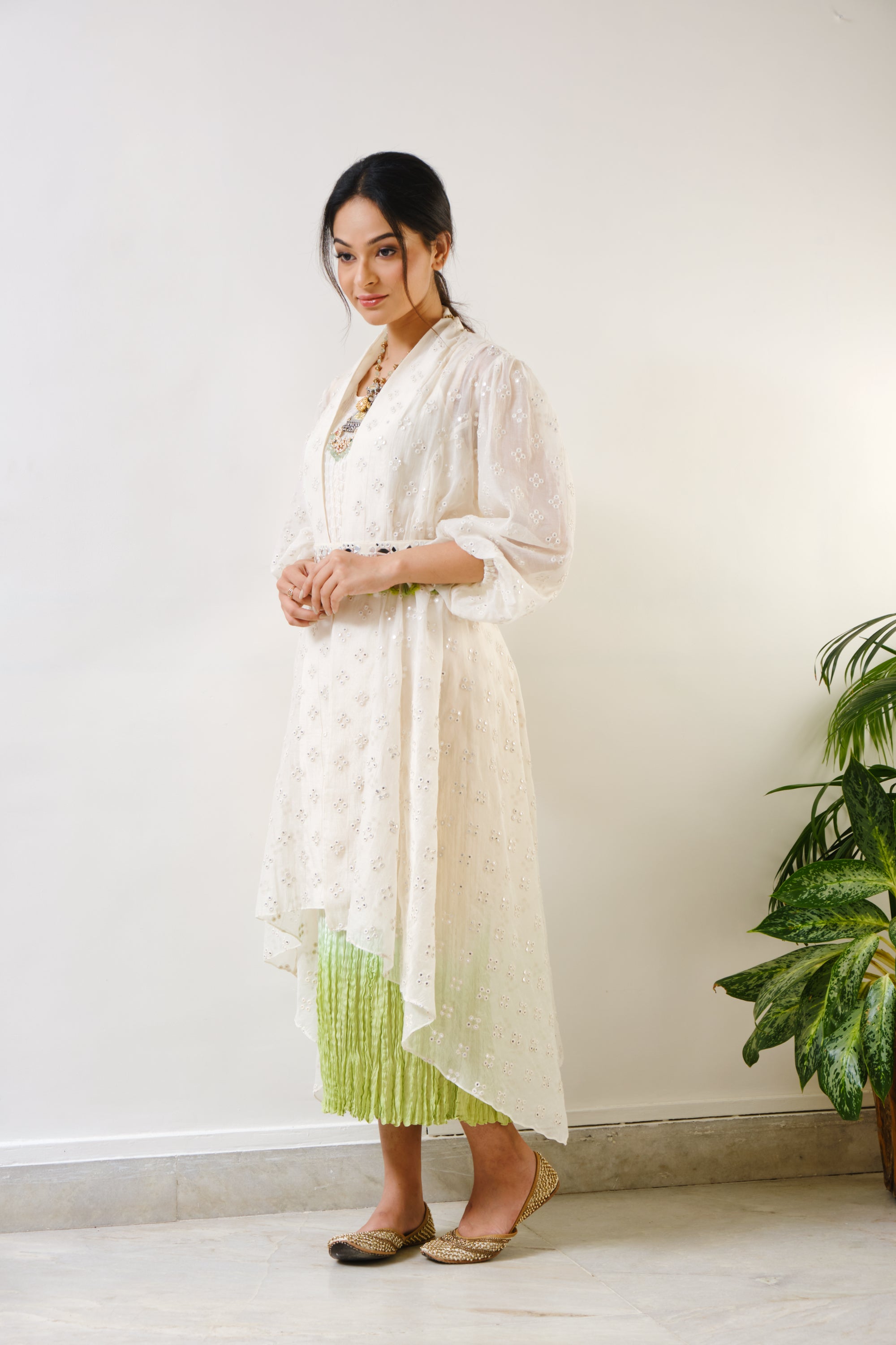 Off-white embroidered high-low cape with off-white-green ombre crush inner