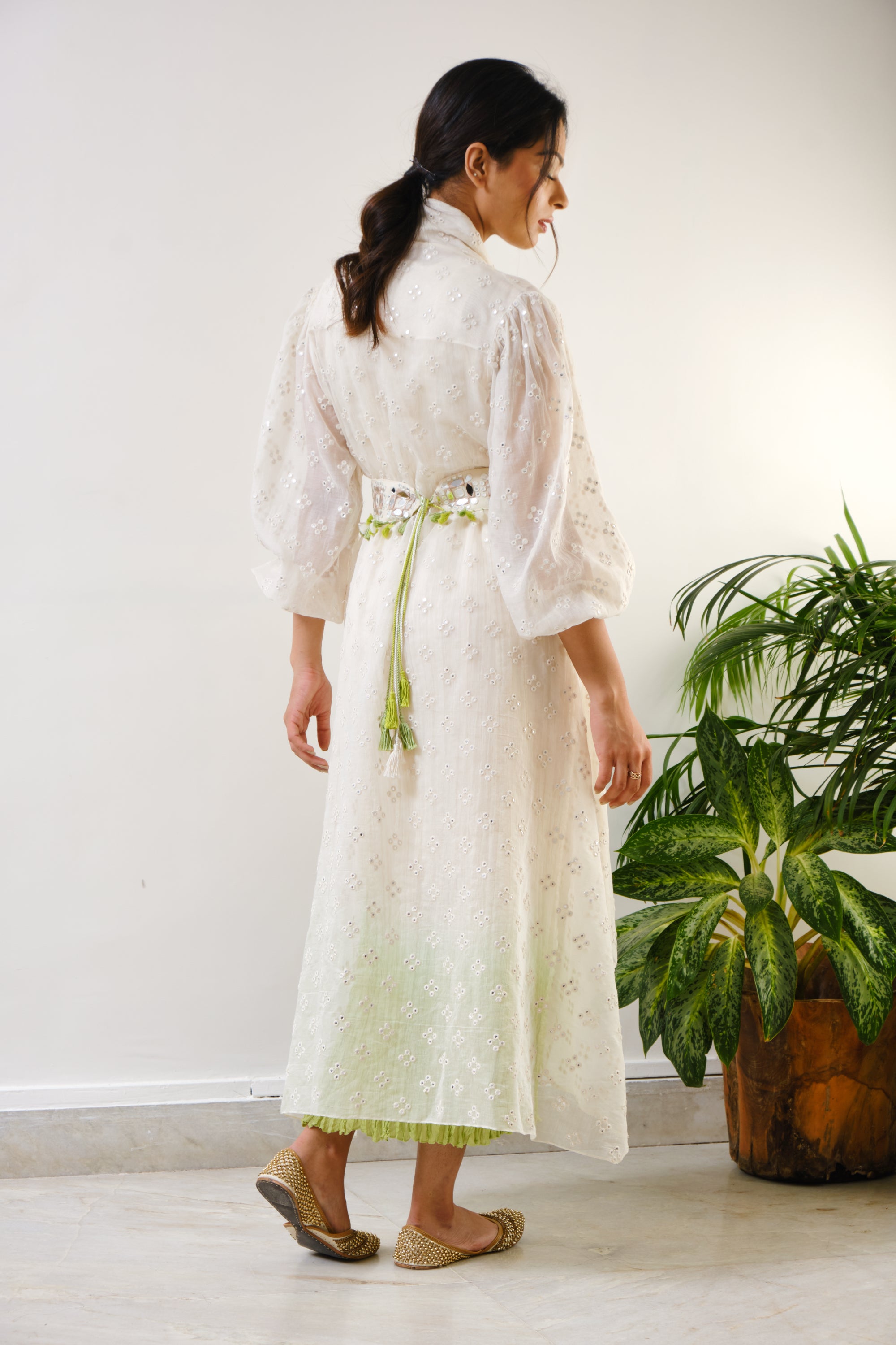 Off-white embroidered high-low cape with off-white-green ombre crush inner