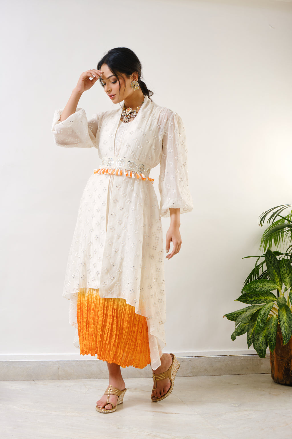 Off-white embroidered high-low cape with off-white-orange ombre crush inner