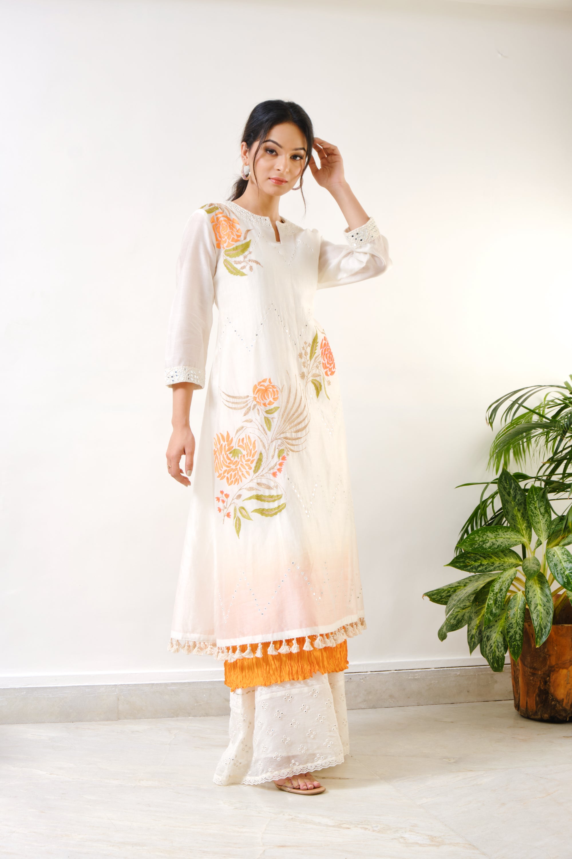 Off-white  embroidered kurti with sharara & ombre crushed inner