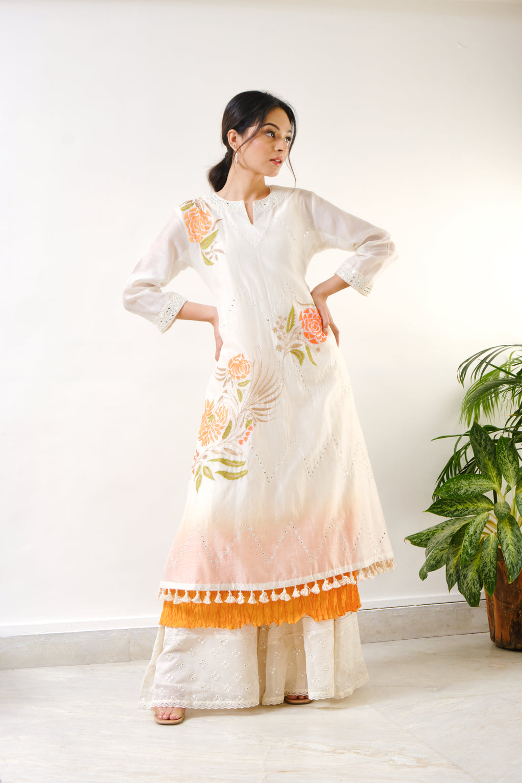Off-white  embroidered kurti with sharara & ombre crushed inner