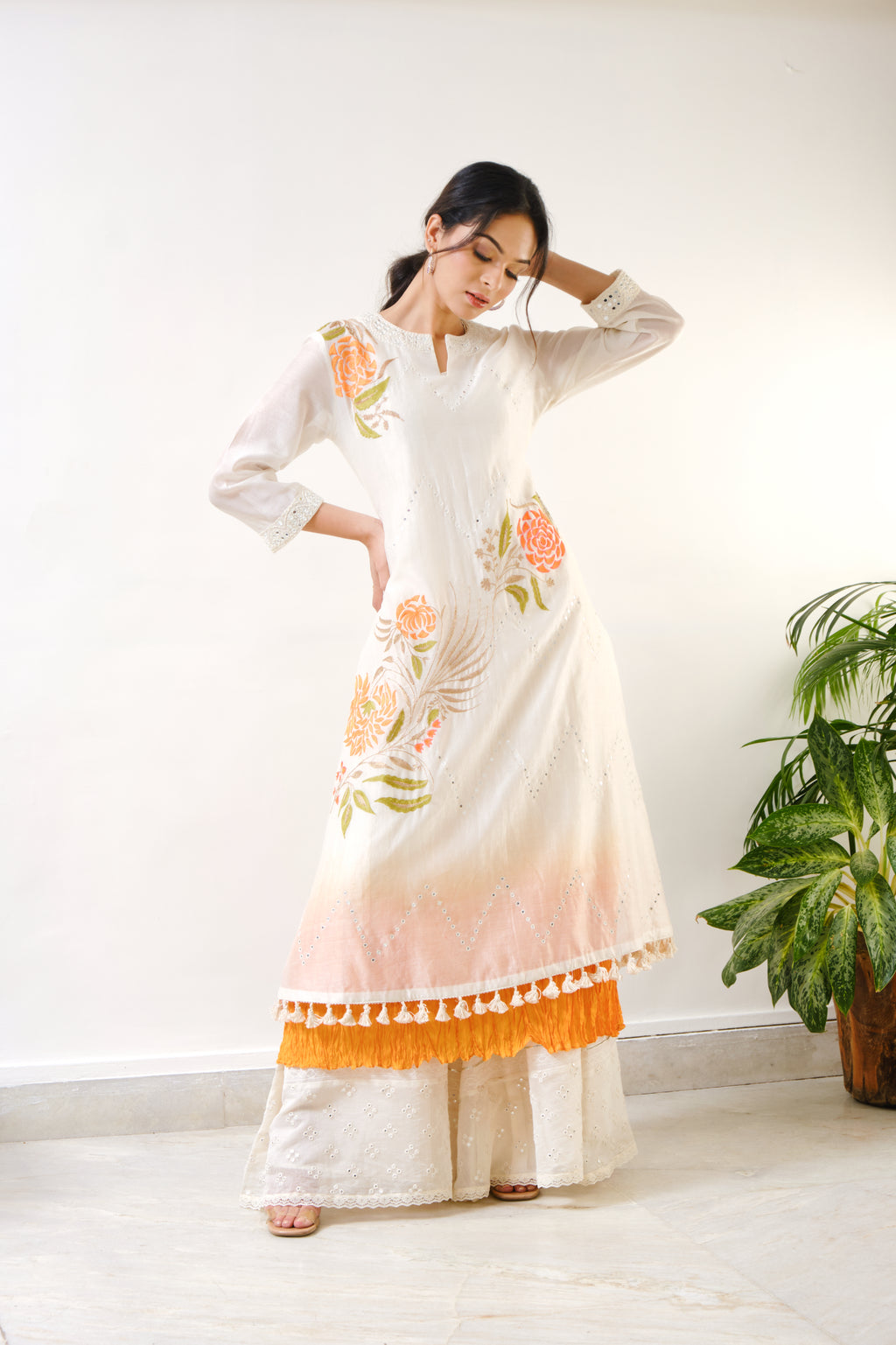 Off-white  embroidered kurti with sharara & ombre crushed inner