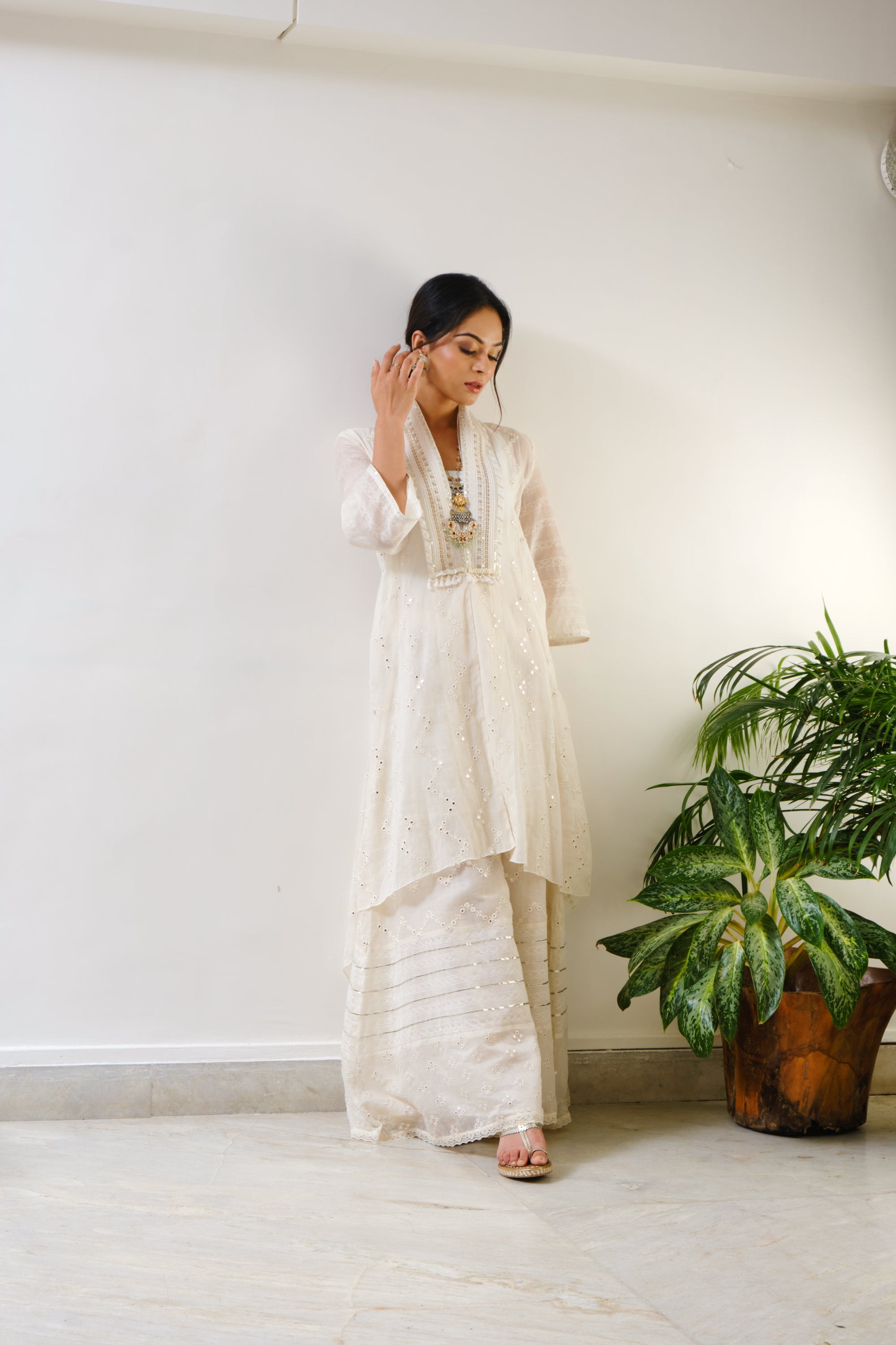 Off-white embroidered high-low cape with sharara