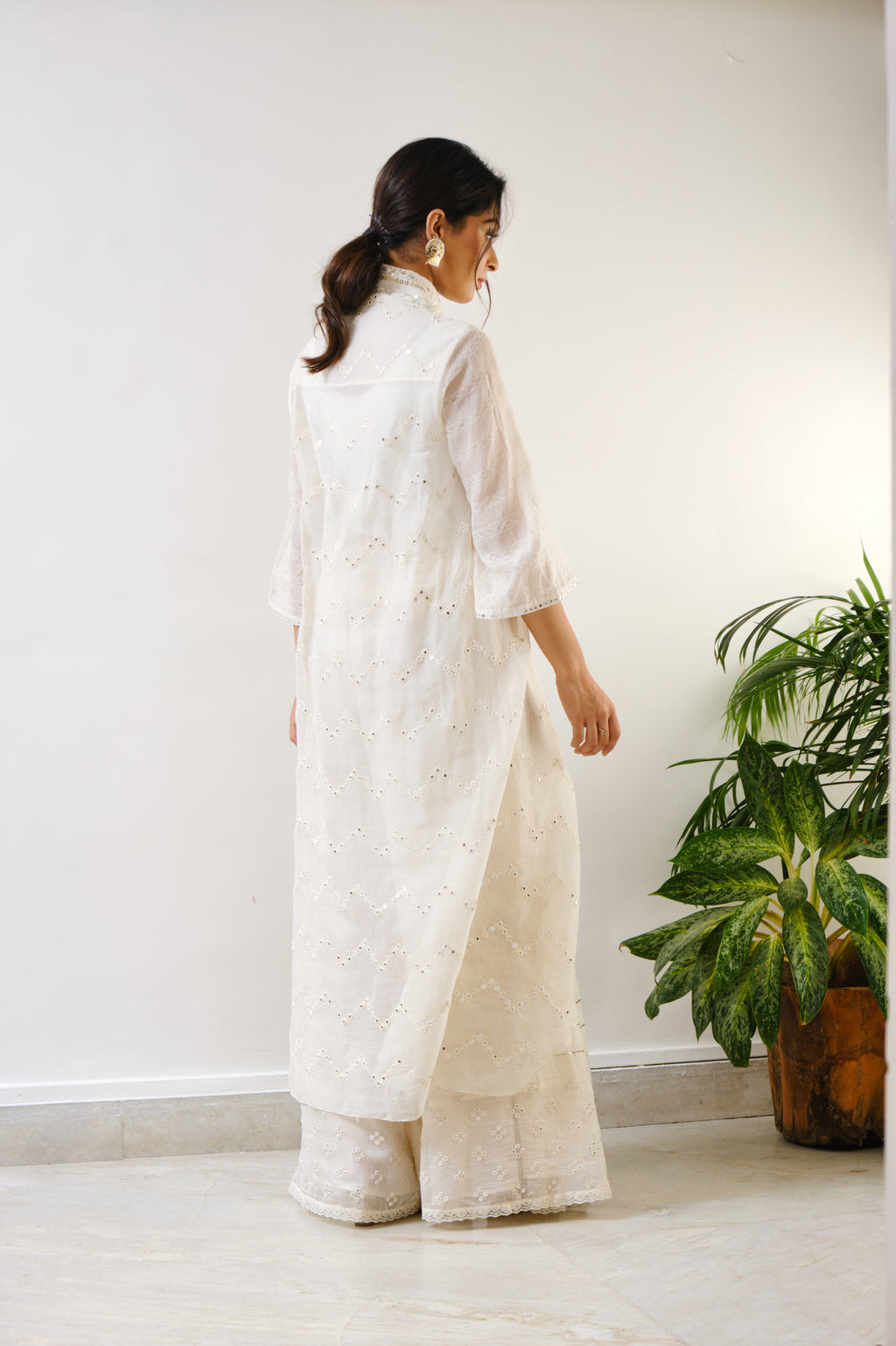Off-white embroidered high-low cape with sharara