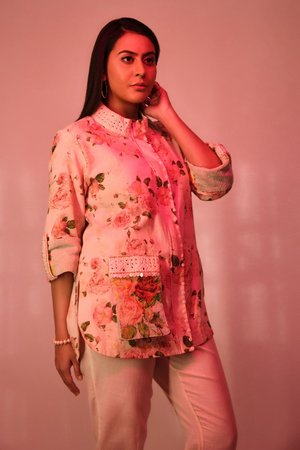 Beige embroidered jacket with mirror worked chinese collar