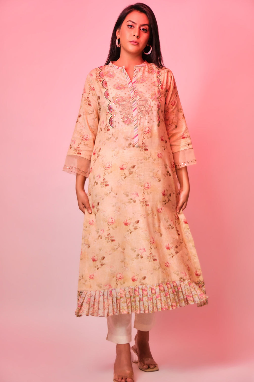 Beige embroidered tunic with organza border Aditi Somani India