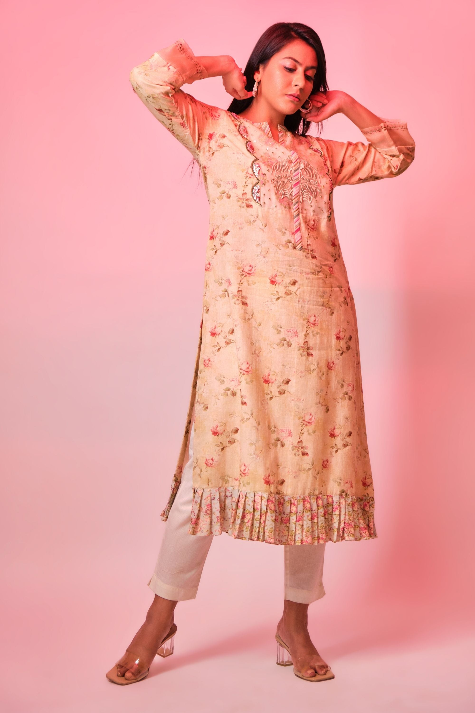 Beige embroidered tunic with organza border Aditi Somani India