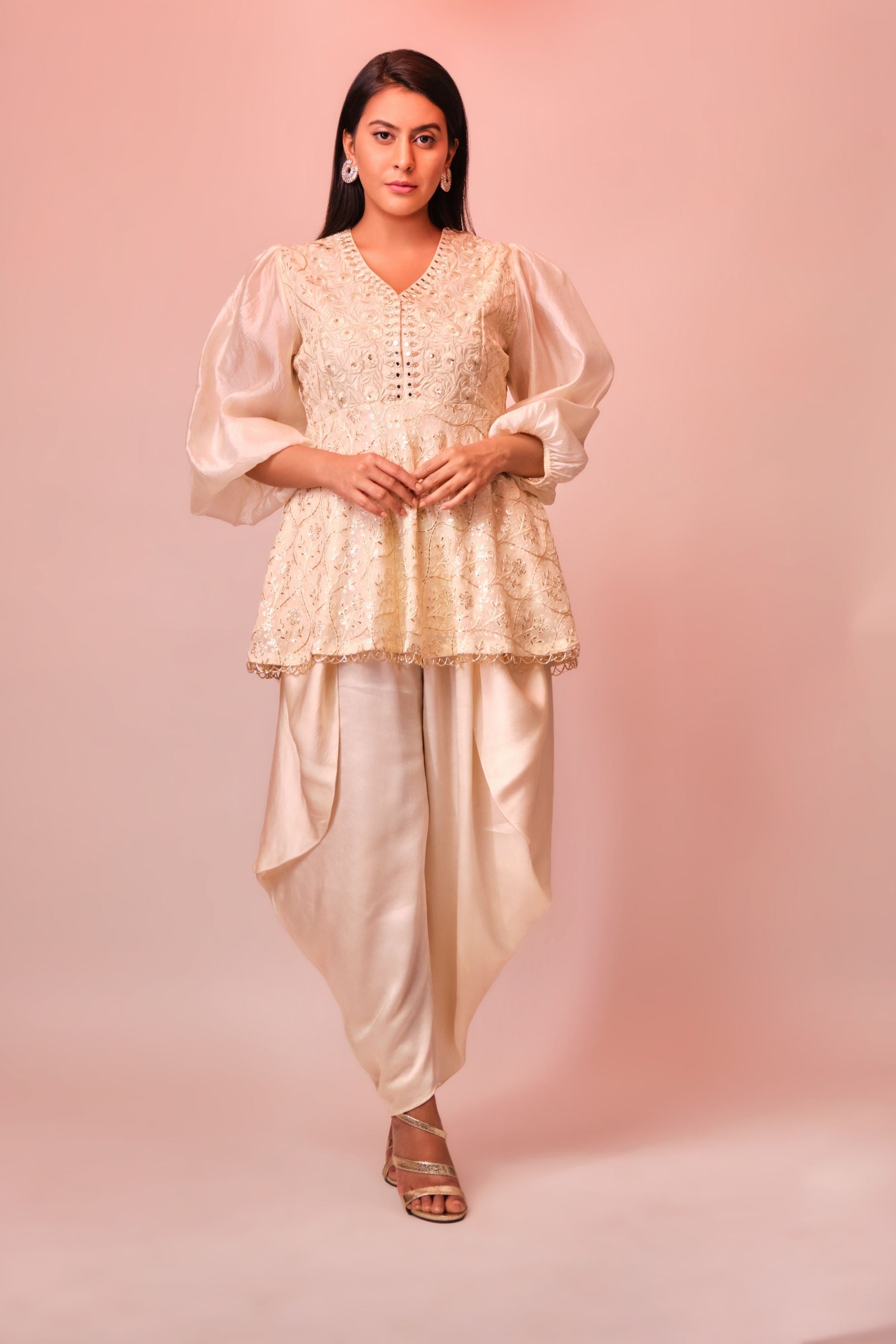 Ivory embroidered peplum top with dhoti Aditi Somani India