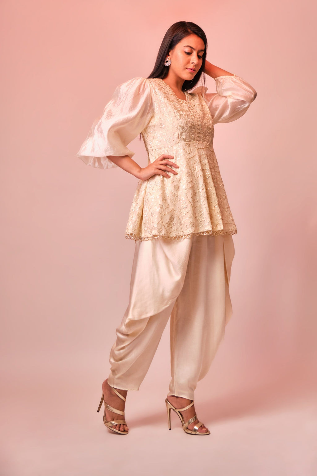 Ivory embroidered peplum top with dhoti Aditi Somani India