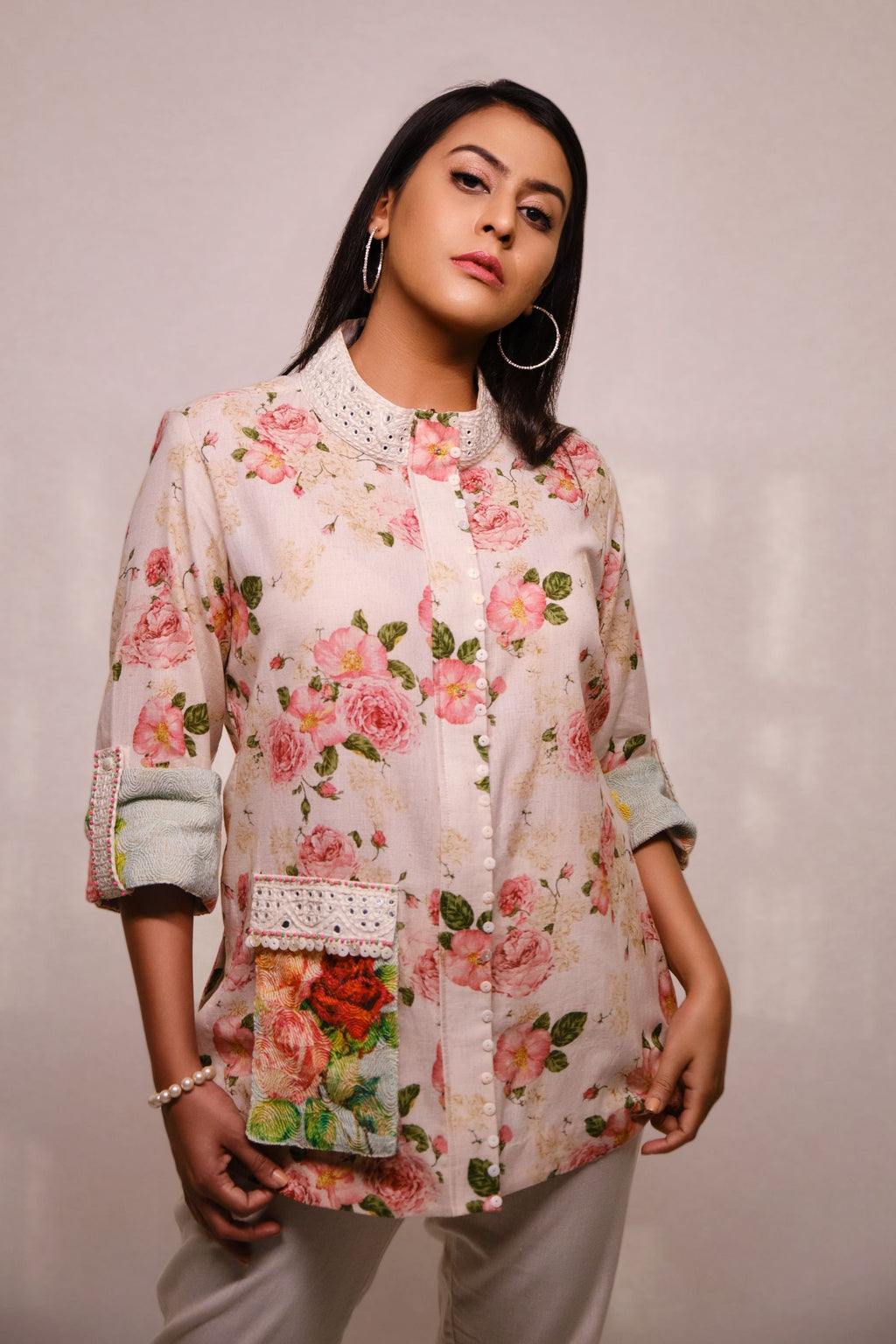 Beige embroidered jacket with mirror worked chinese collar