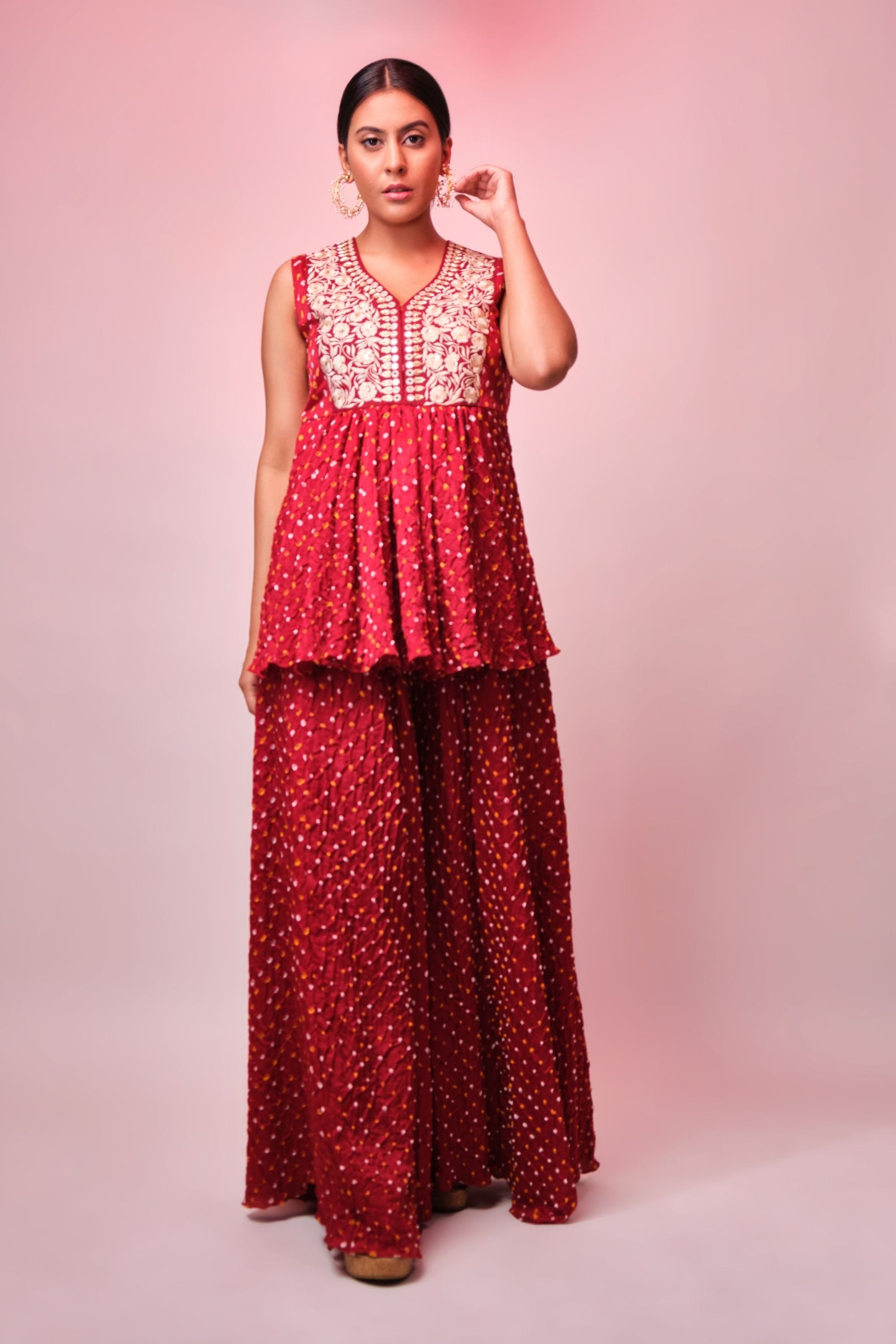 Red bandhni embroidered sharara set Aditi Somani India