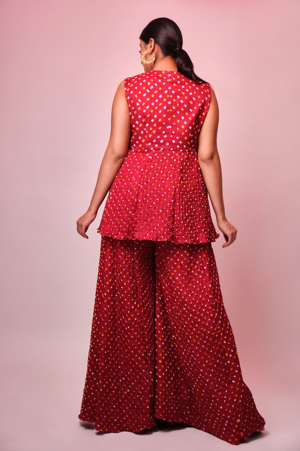 Red bandhni embroidered sharara set Aditi Somani India