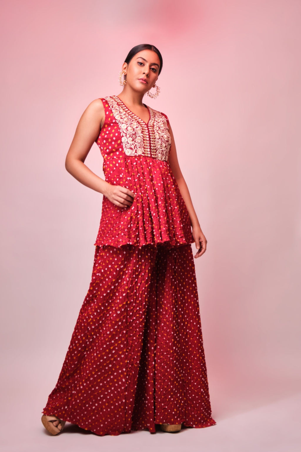 Red bandhni embroidered sharara set Aditi Somani India