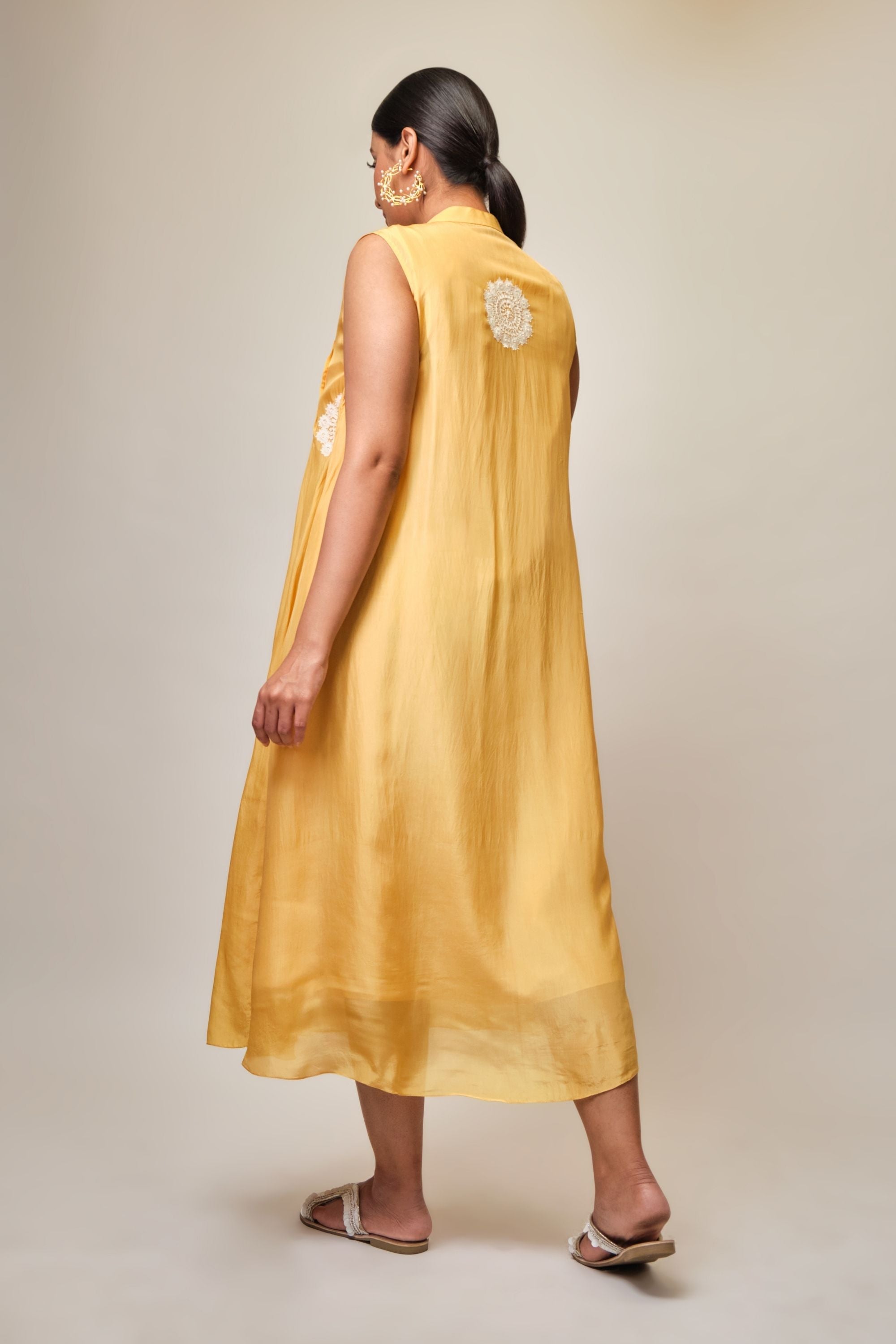 Light mustard embroidered tunic with chinese collar