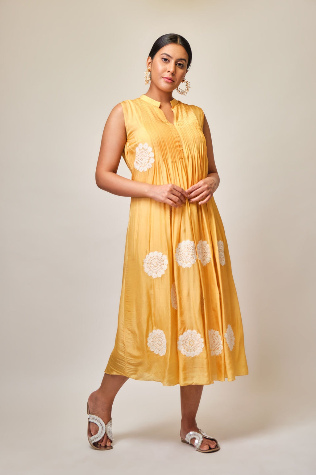 Light mustard embroidered tunic with chinese collar