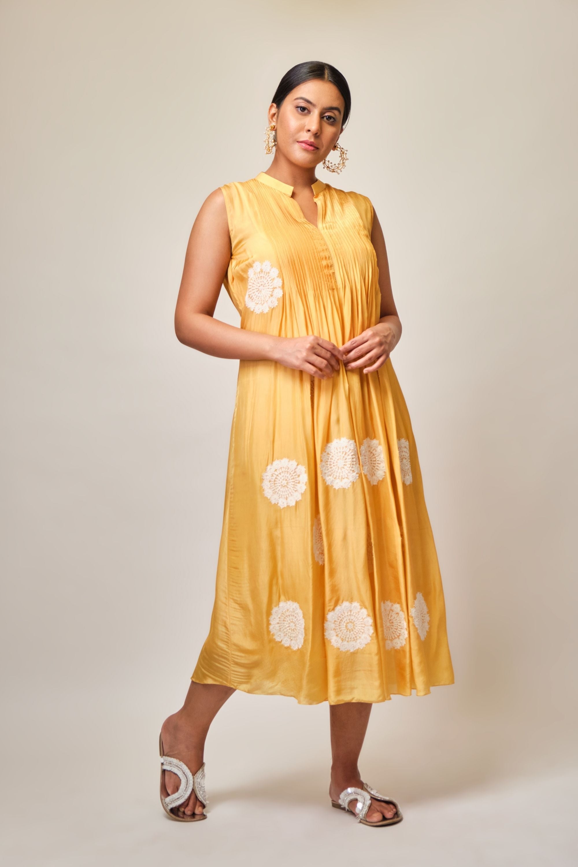 Light mustard embroidered tunic with chinese collar