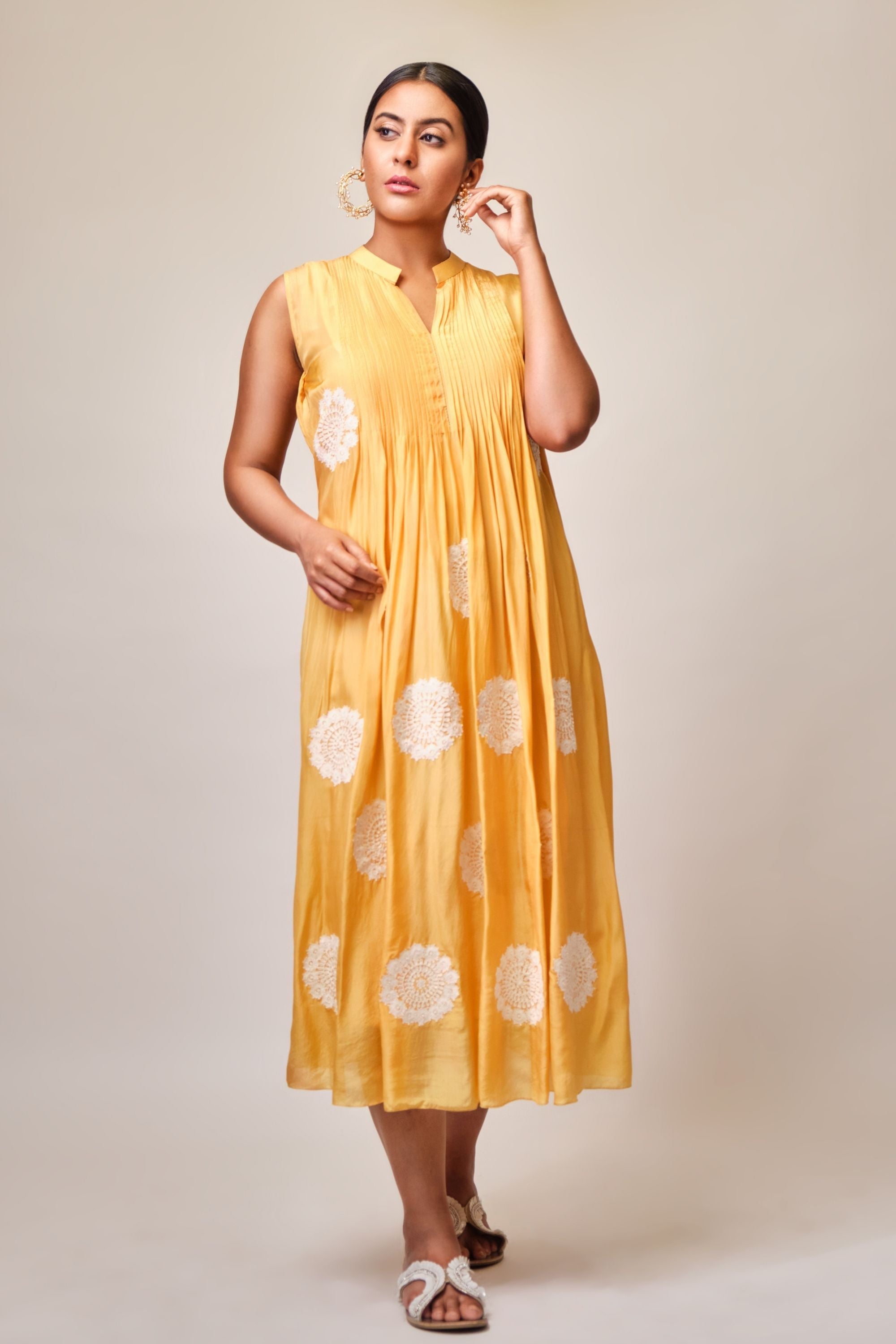Light mustard embroidered tunic with chinese collar