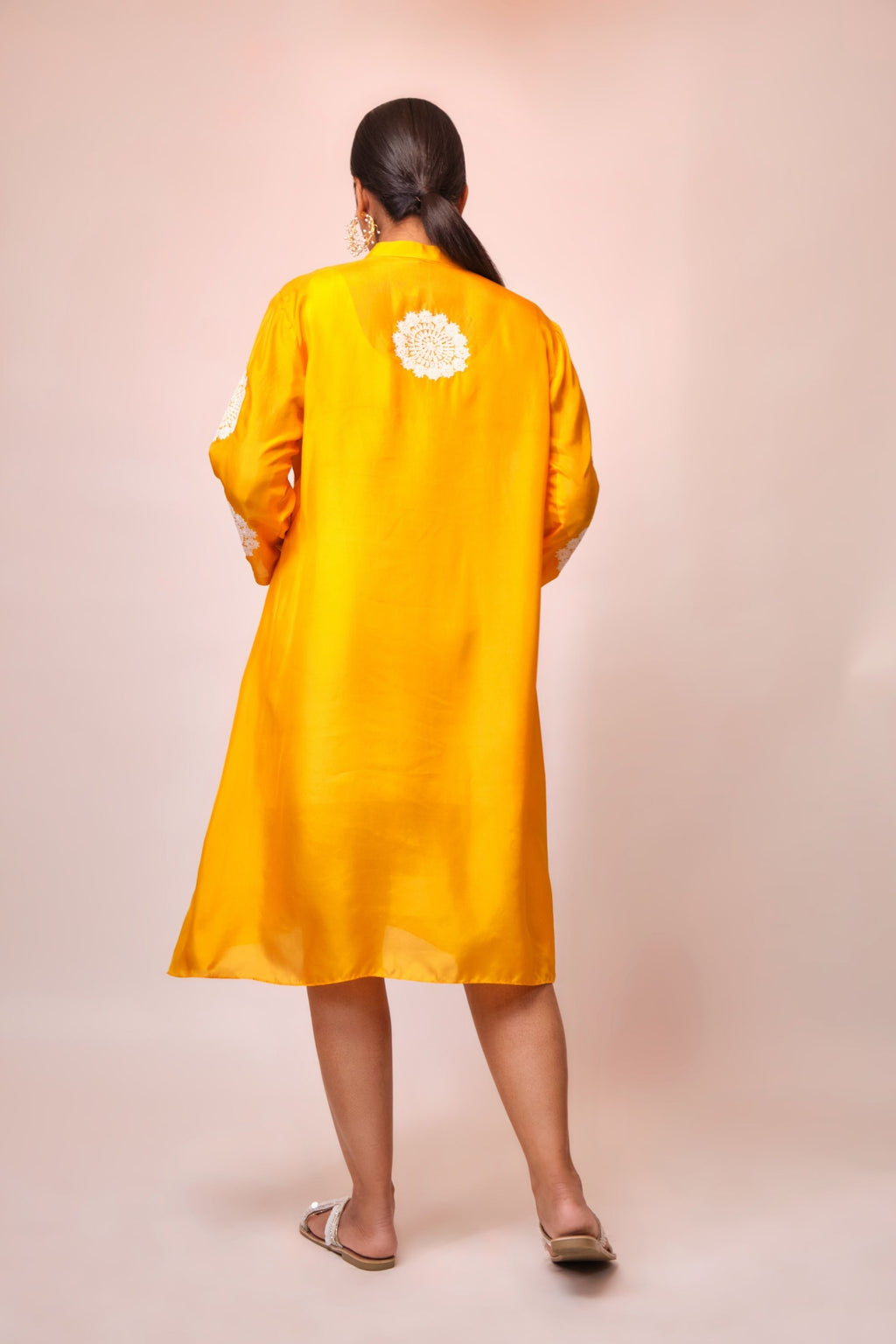 Mango silk pintuck yoke tunic with chinese collar & embroiderd