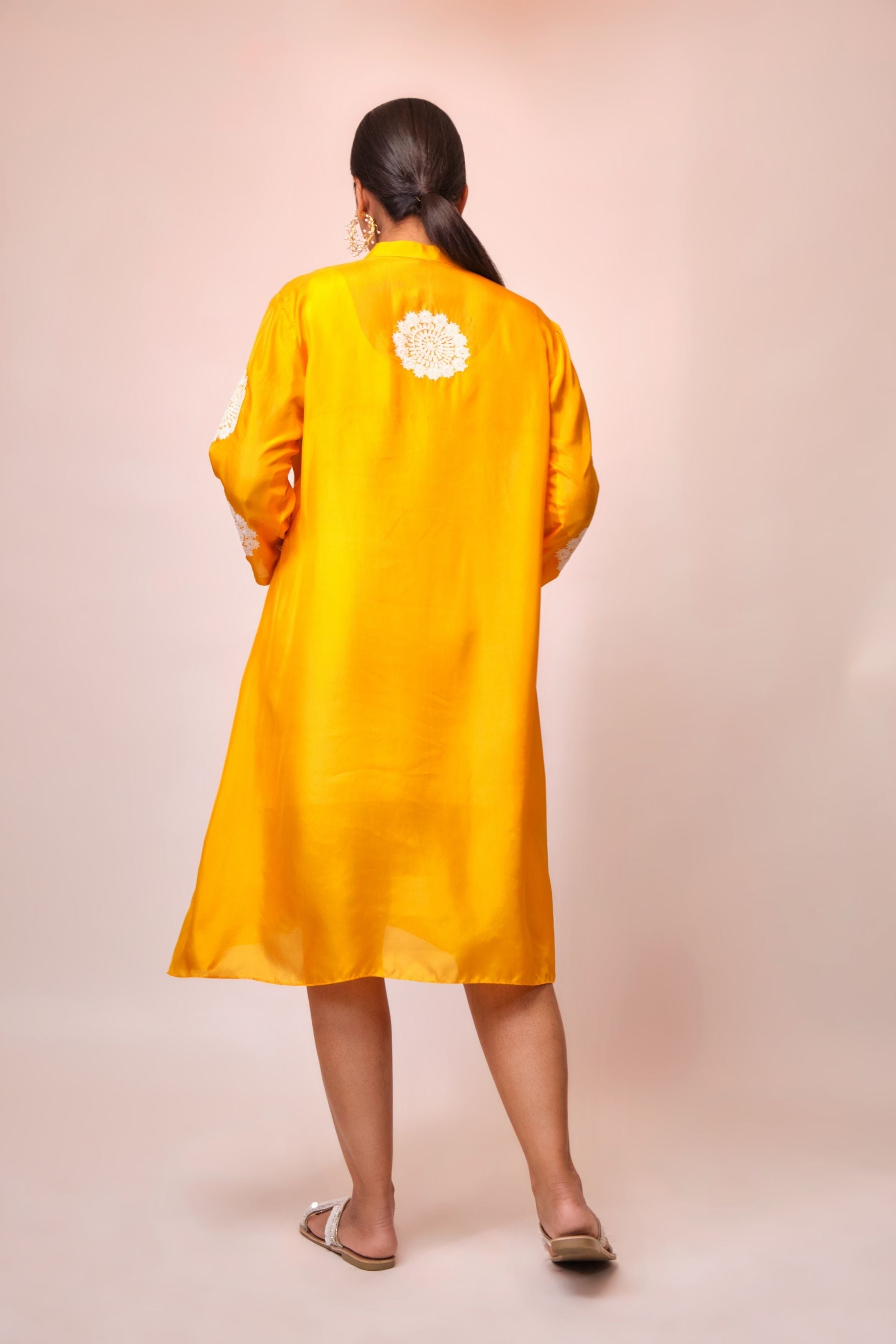 Mango silk pintuck yoke tunic with chinese collar & embroiderd