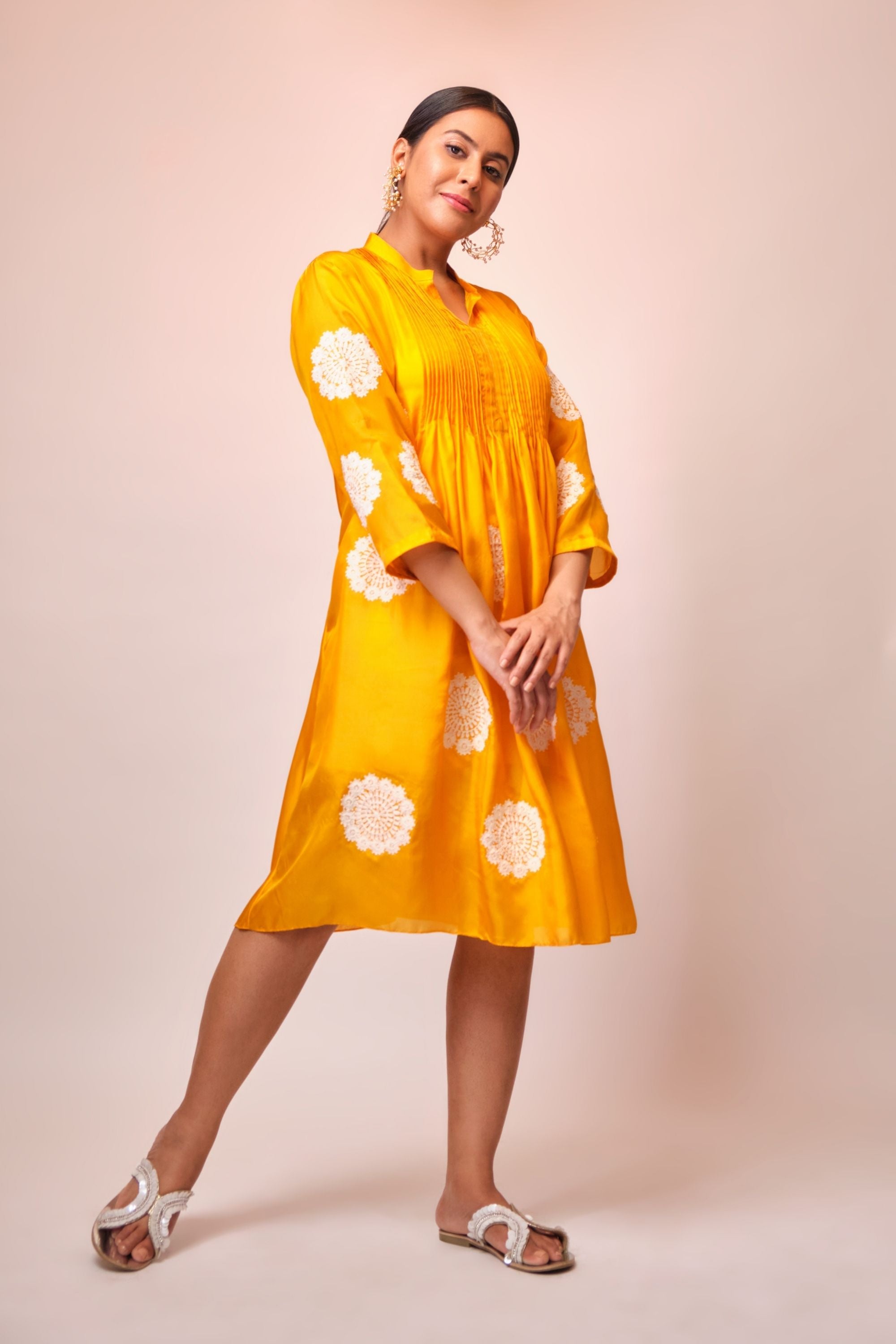 Mango silk pintuck yoke tunic with chinese collar & embroiderd