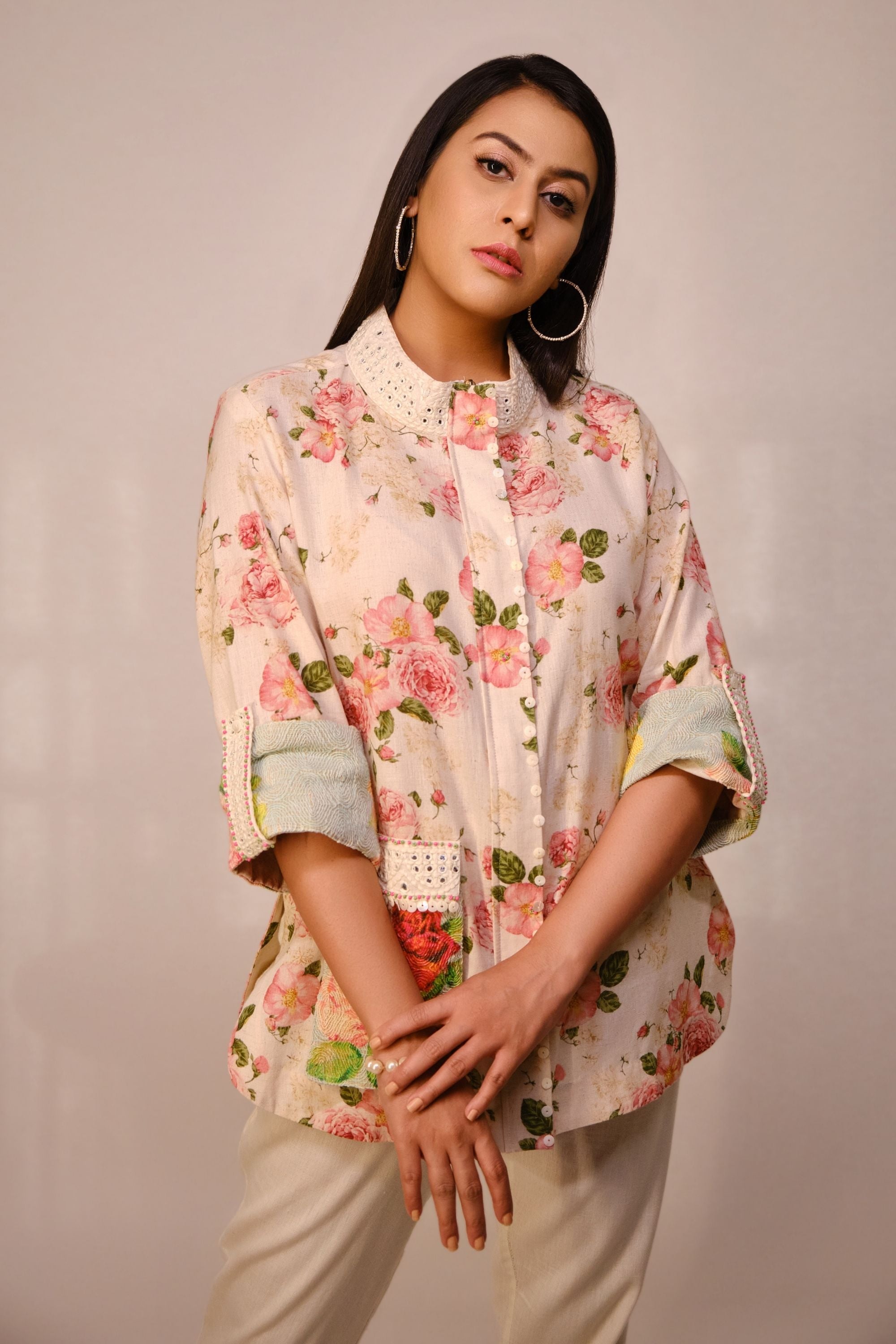 Beige embroidered jacket with mirror worked chinese collar