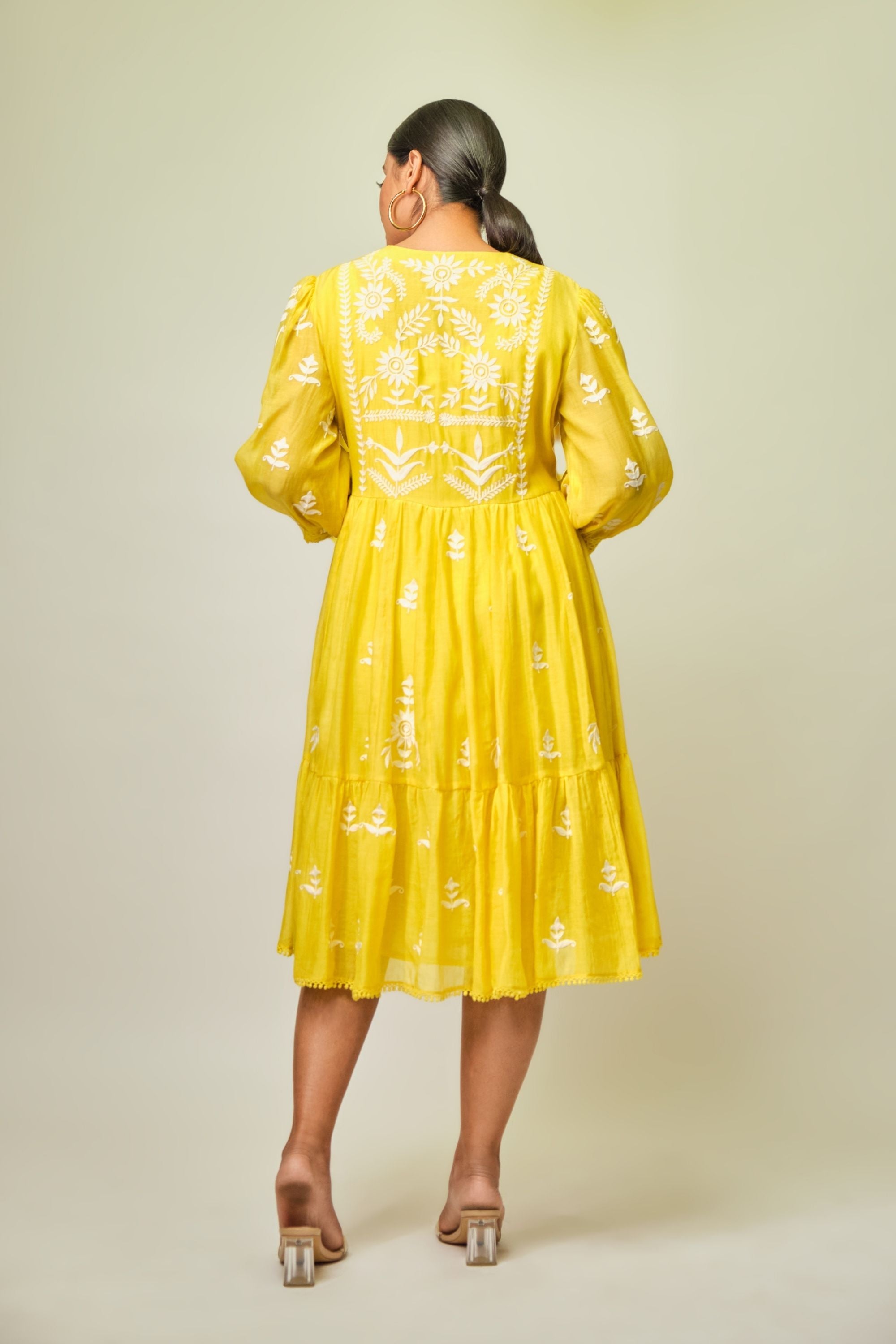 Canary yellow tiered embroidered tunic dress Aditi Somani India