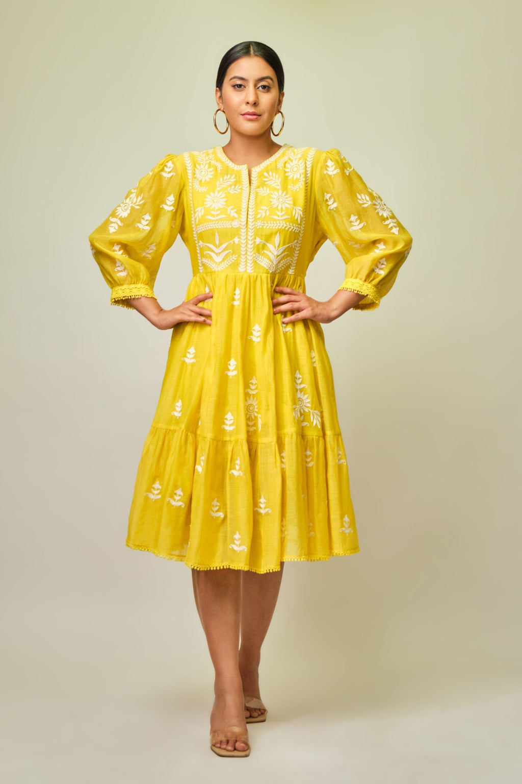 Canary yellow tiered embroidered tunic dress Aditi Somani India