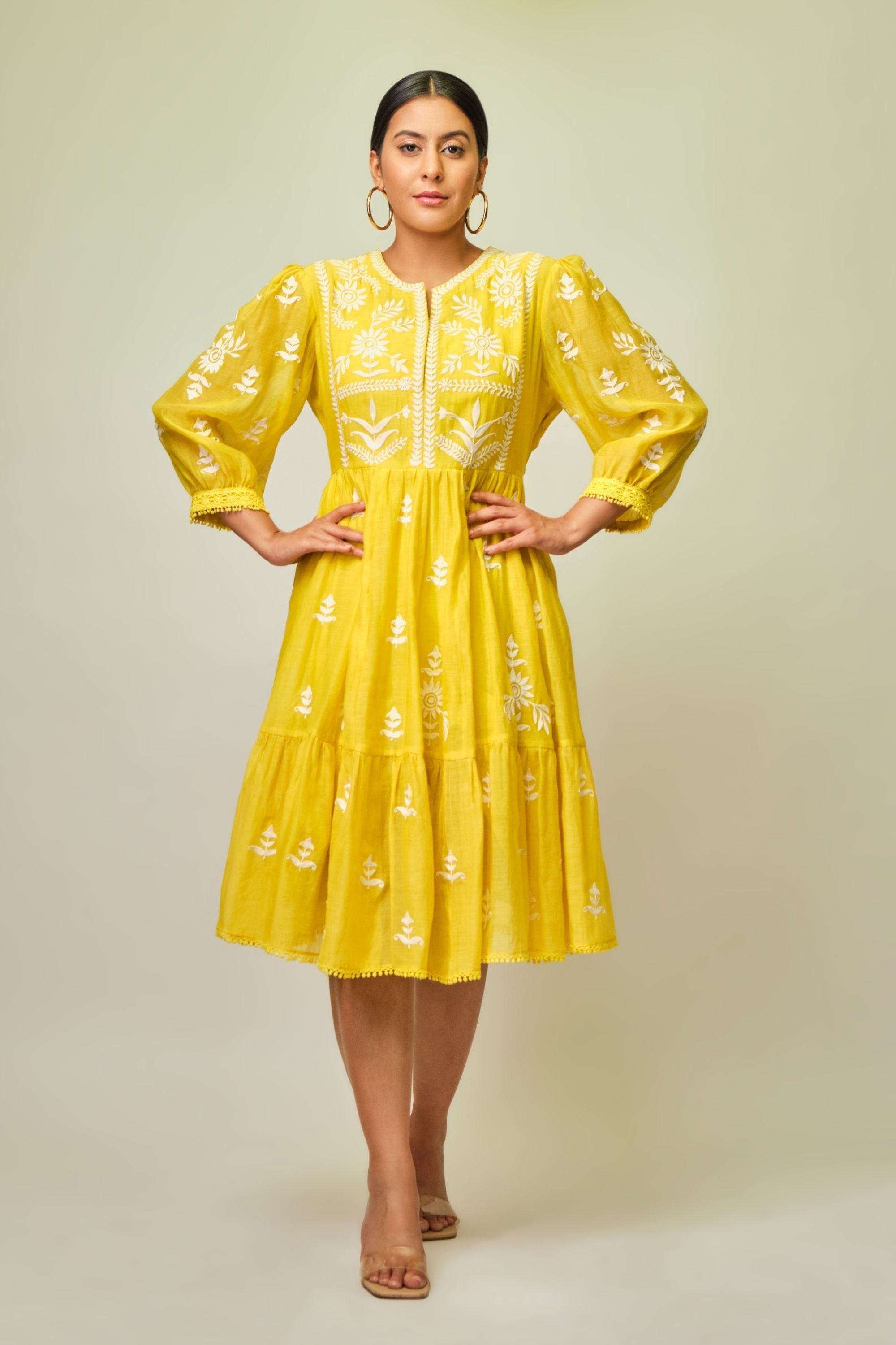 Canary yellow tiered embroidered tunic dress Aditi Somani India