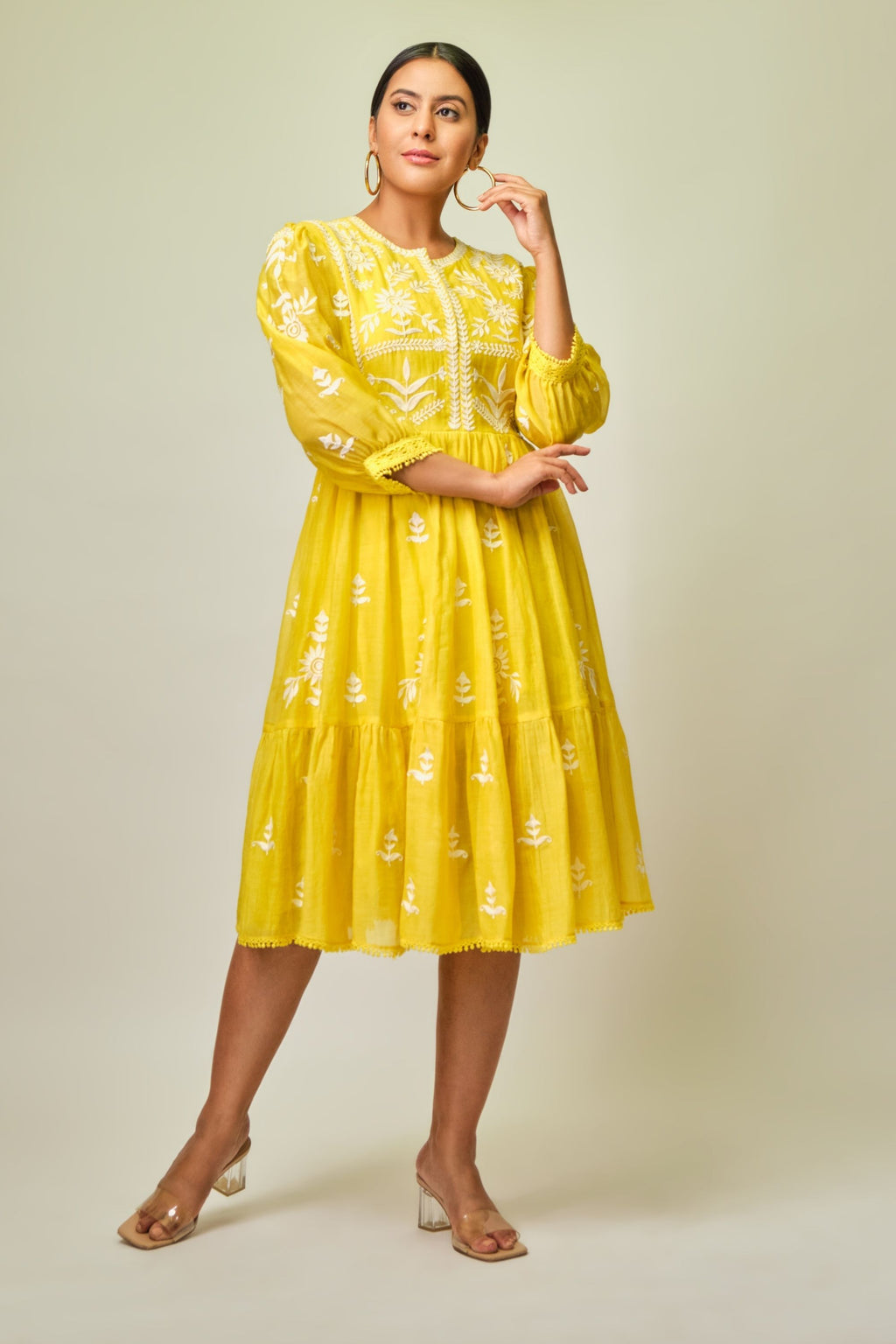 Canary yellow tiered embroidered tunic dress Aditi Somani India