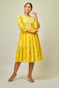 Canary yellow tiered embroidered tunic dress Aditi Somani India