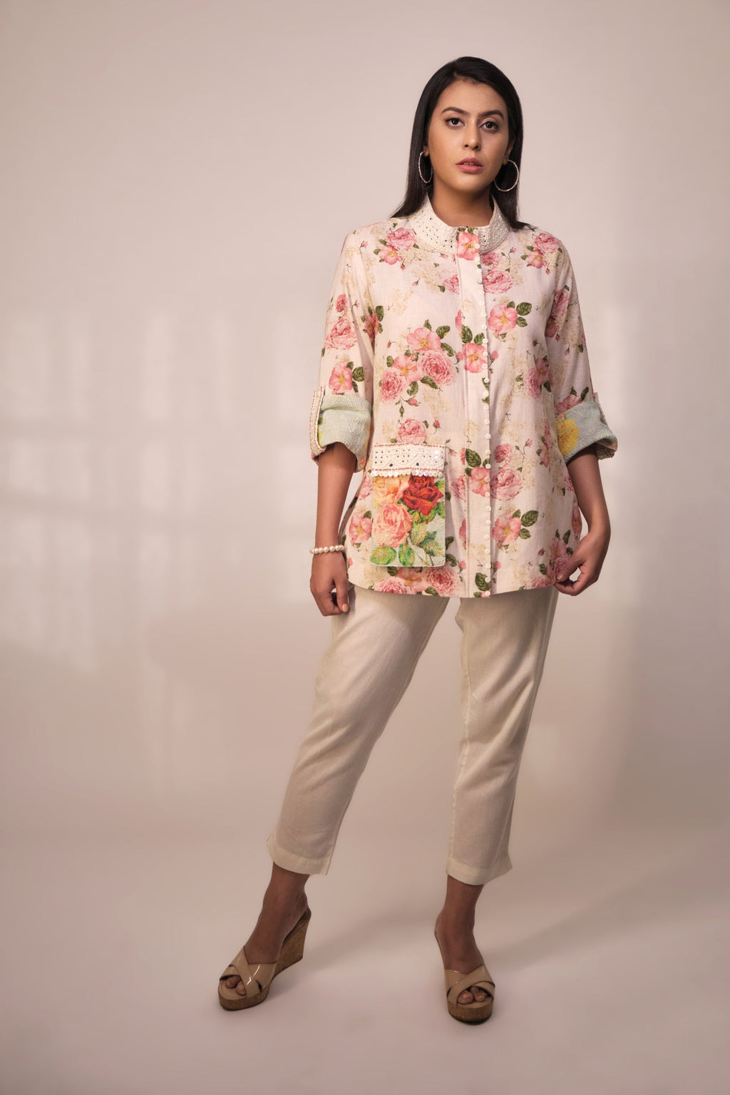 Beige embroidered jacket with mirror worked chinese collar