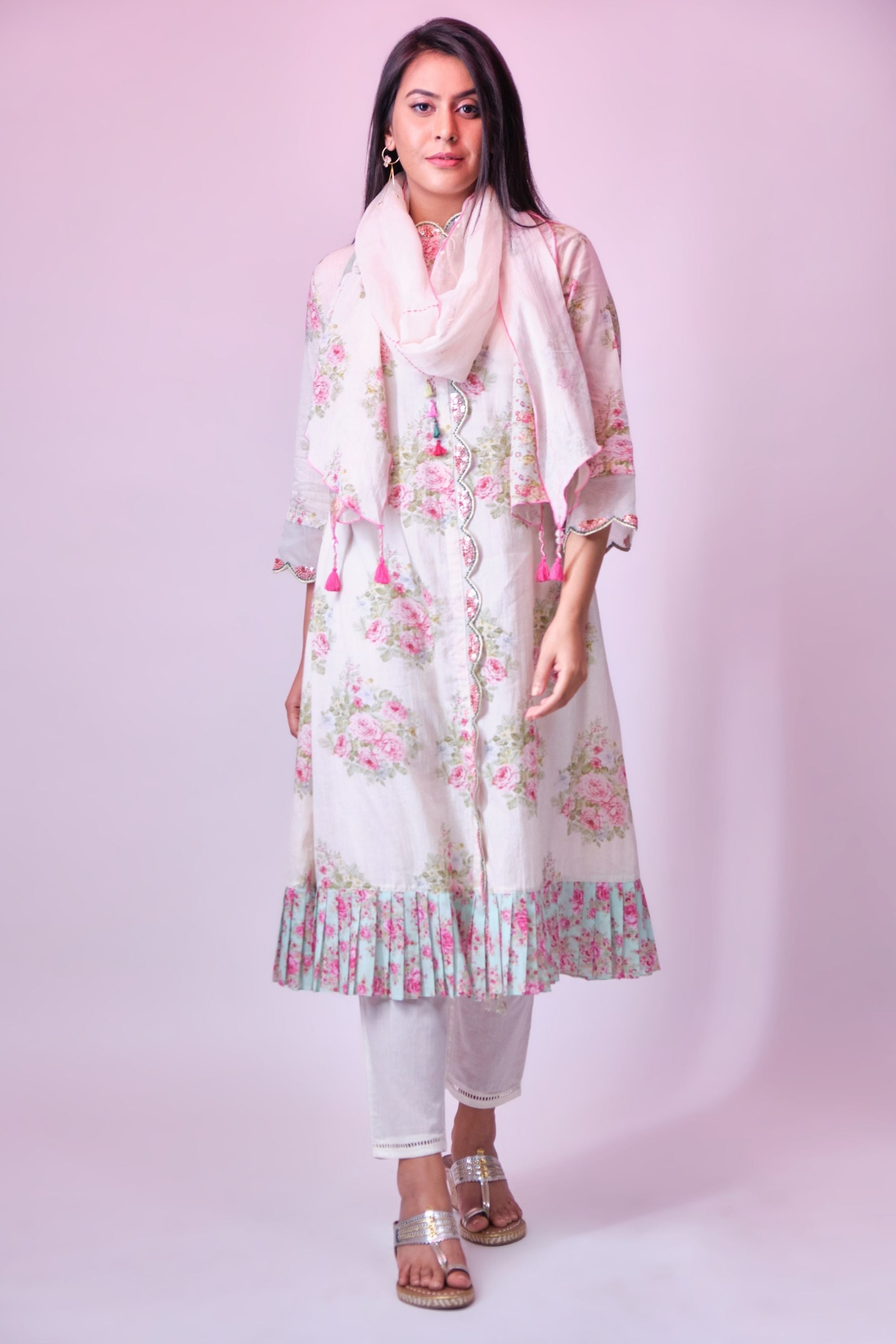 Off-white cotton printed tunic with sequence-french knot