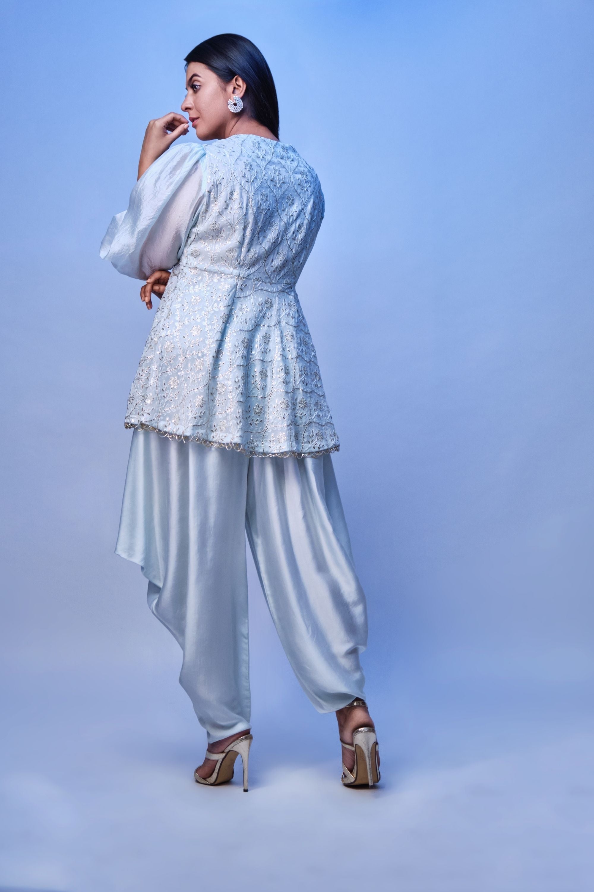 Pastel blue embroidered  peplum top with dhoti