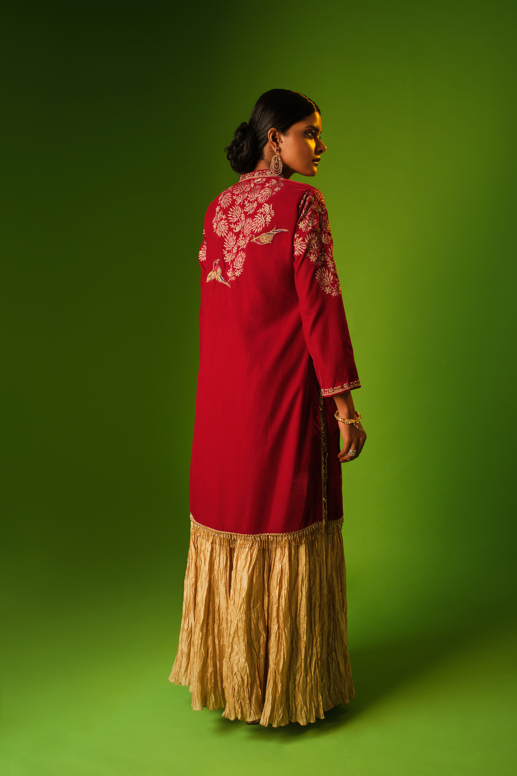 Red Velvet Jacket Kurti With Beige Sharara