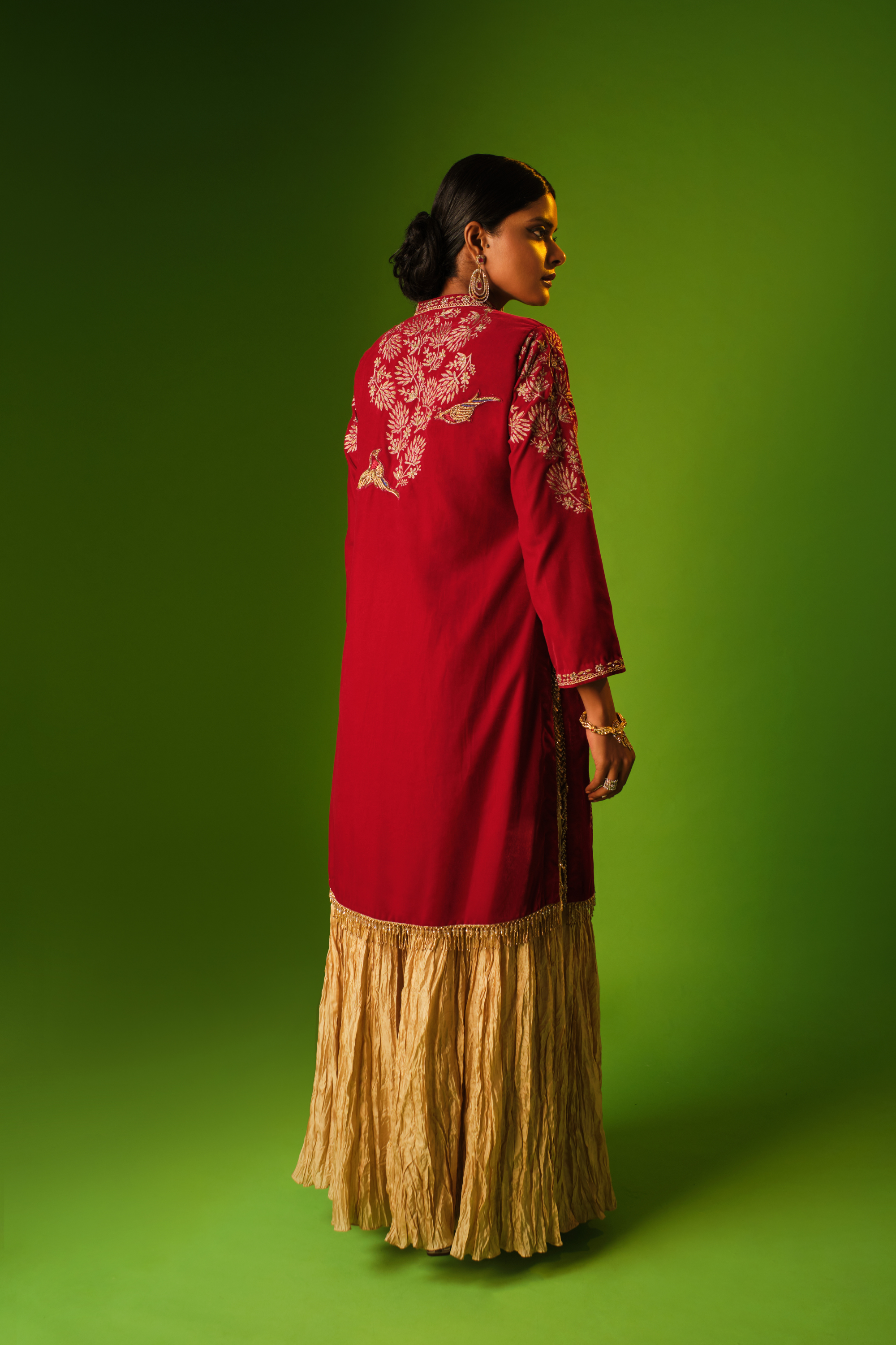 Red Velvet Jacket Kurti With Beige Sharara