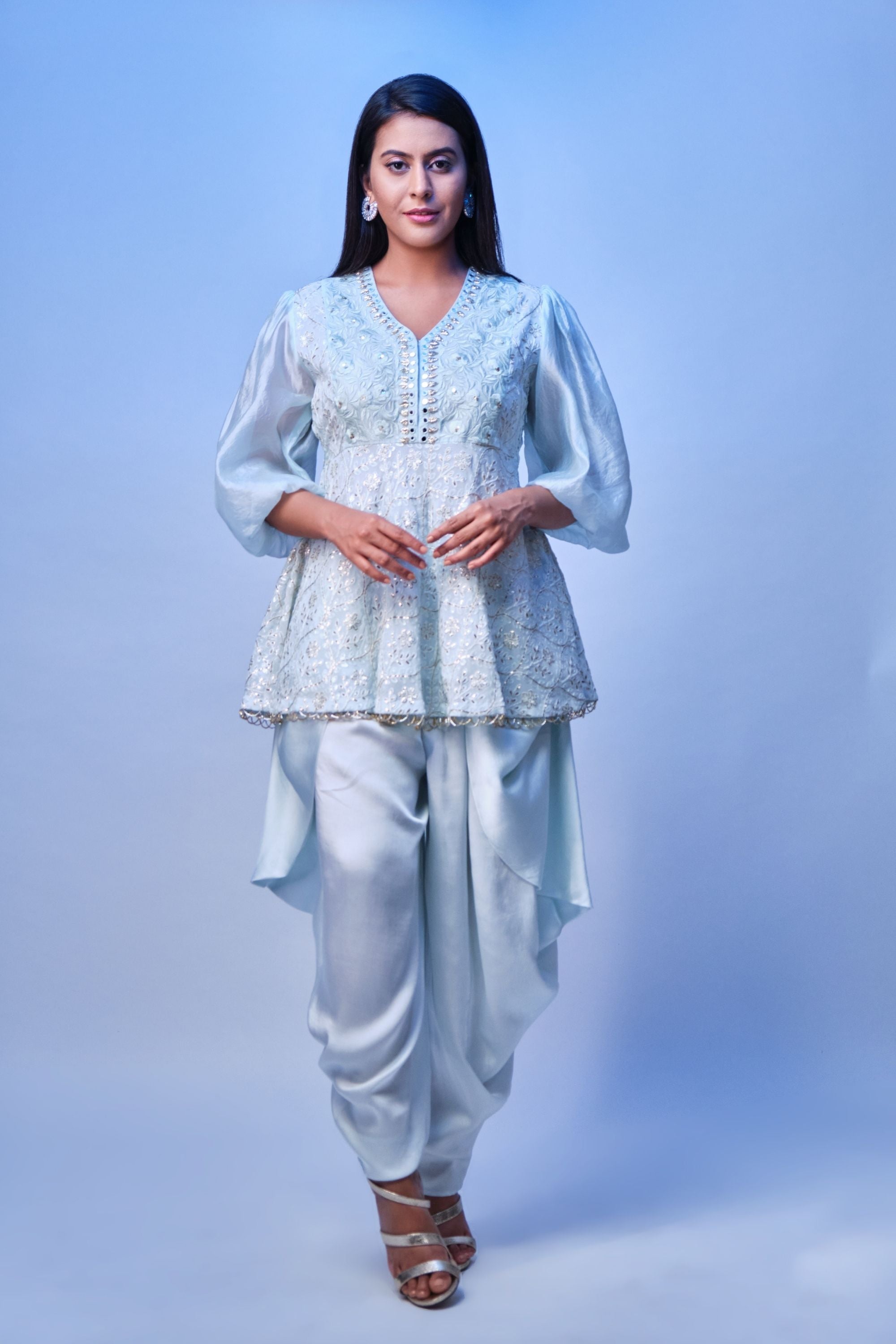 Pastel blue embroidered  peplum top with dhoti