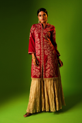 Red Velvet Jacket Kurti With Beige Sharara
