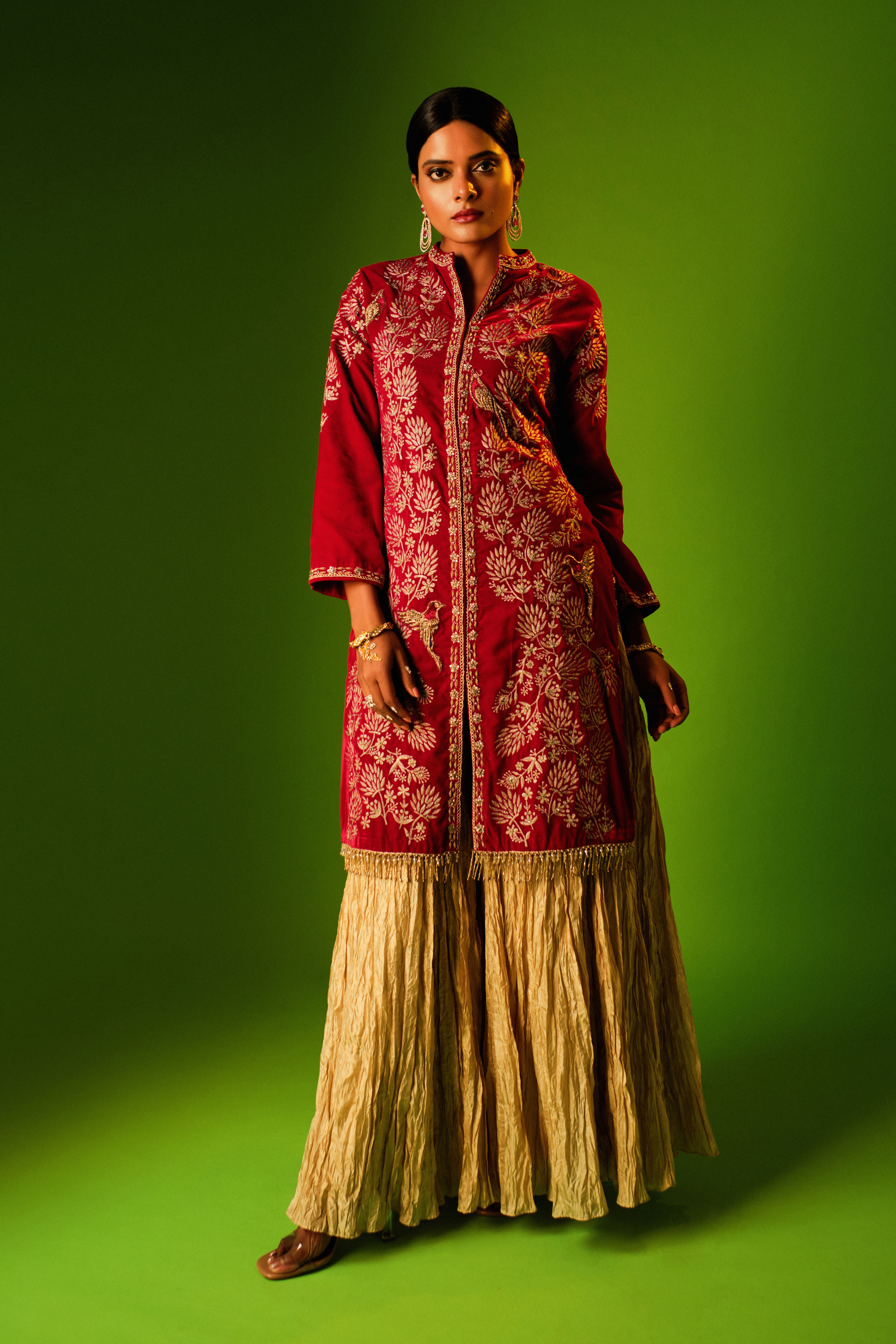 Red Velvet Jacket Kurti With Beige Sharara