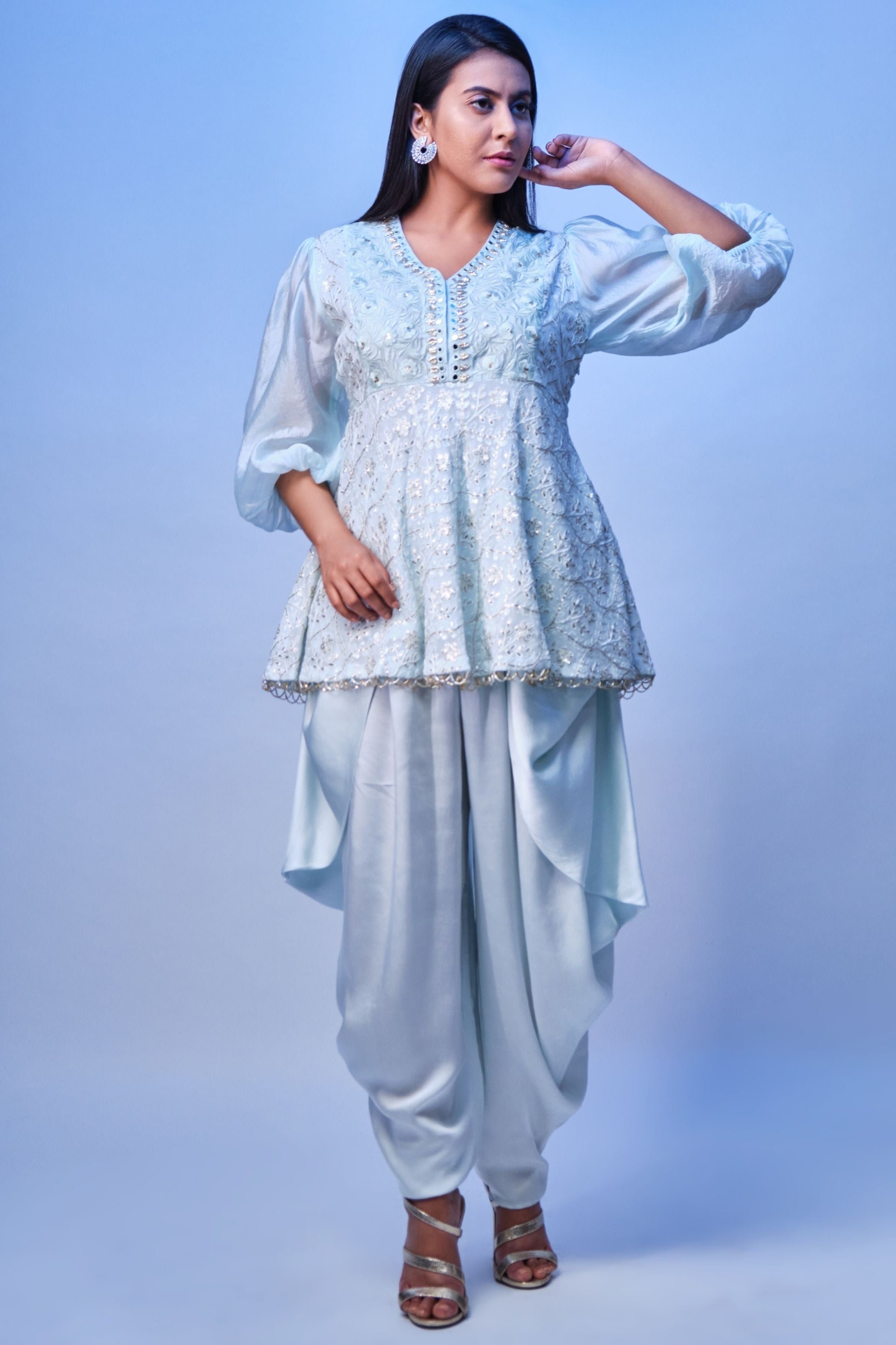 Pastel blue embroidered  peplum top with dhoti