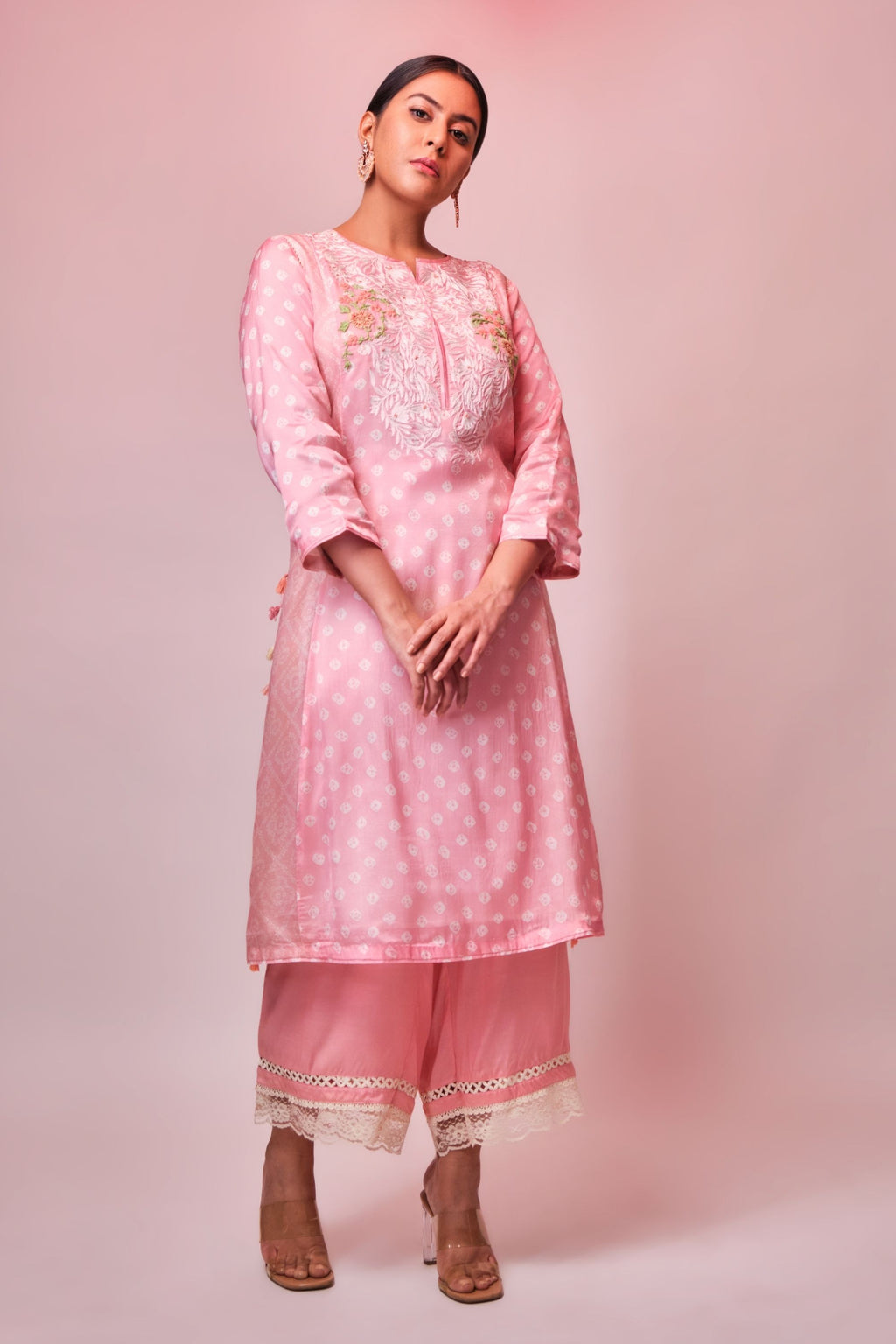 Rose pink bandhni embroidered tunic with pant