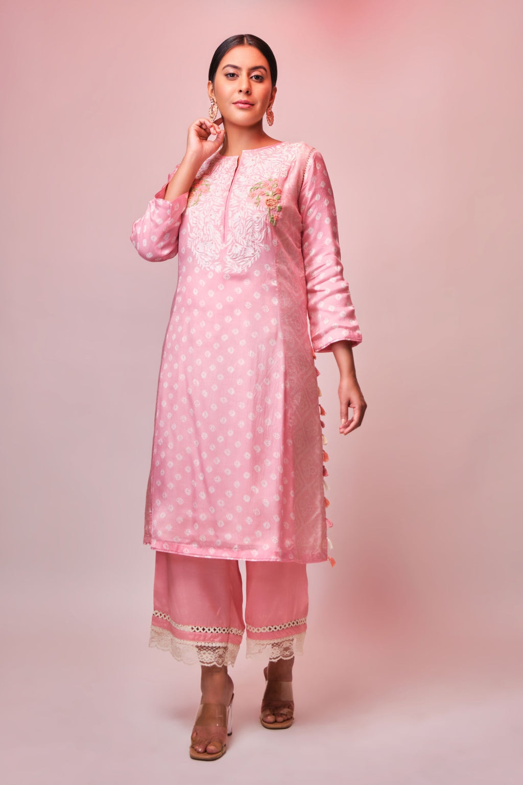Rose pink bandhni embroidered tunic with pant