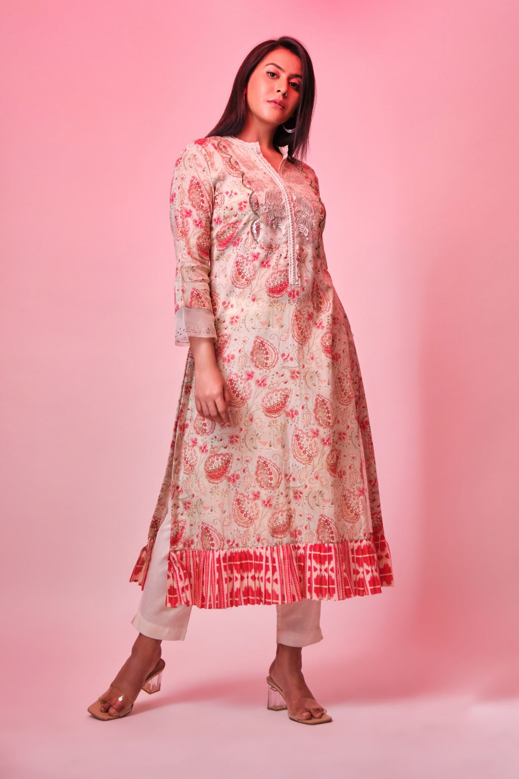 Light Pistachio cotton printed tunic with organza border on sleeves