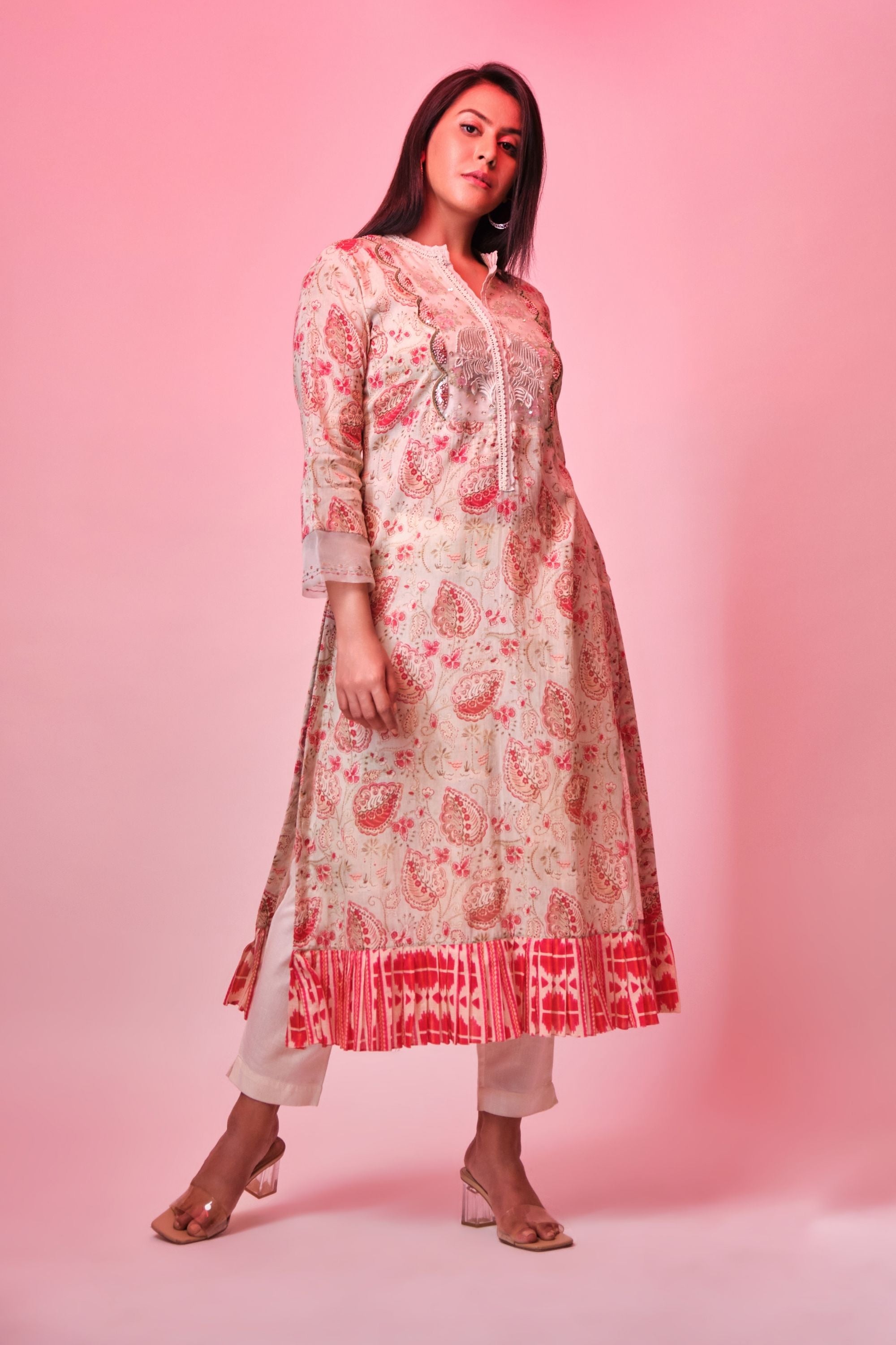 Light Pistachio cotton printed tunic with organza border on sleeves