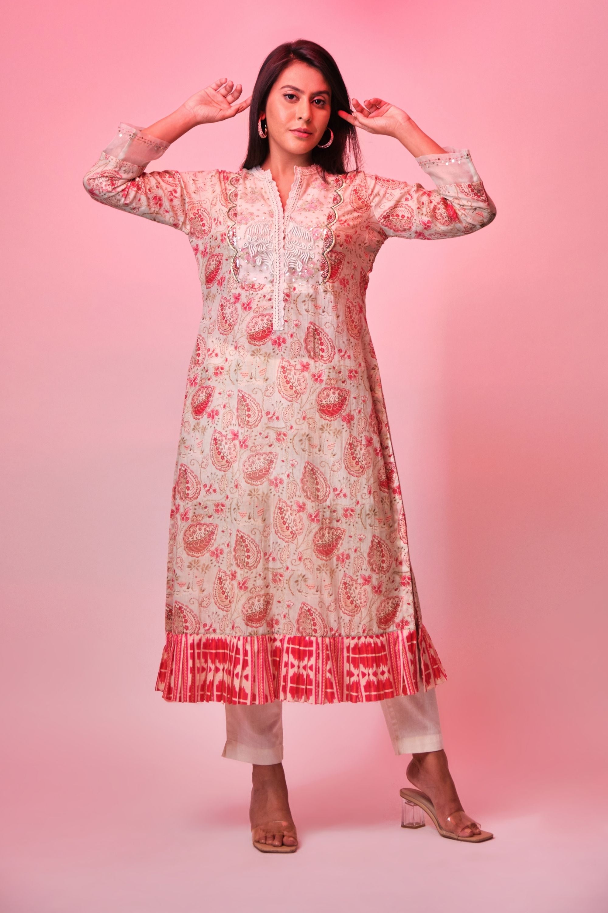 Light Pistachio cotton printed tunic with organza border on sleeves